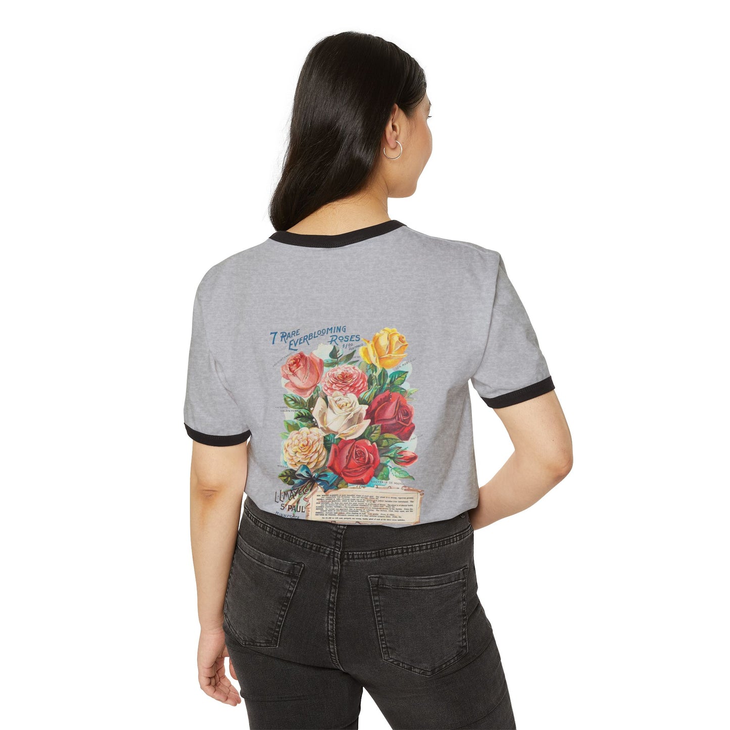 Vintage Floral Ringer Tee – '7 Rare Ever-Blooming Roses' Retro Bouquet Graphic