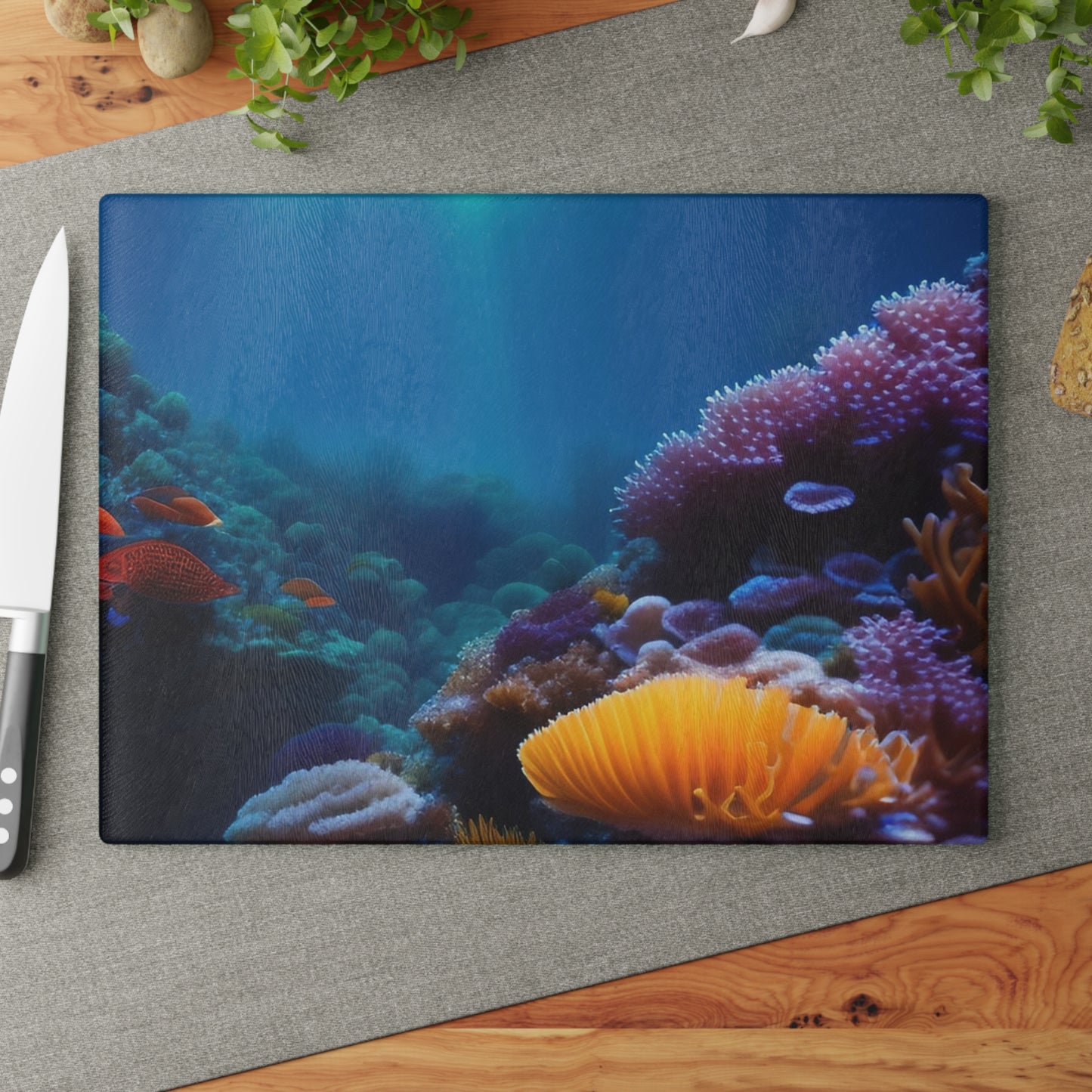 Ocean Coral Glass Cutting Board — Underwater Reef Kitchen Board