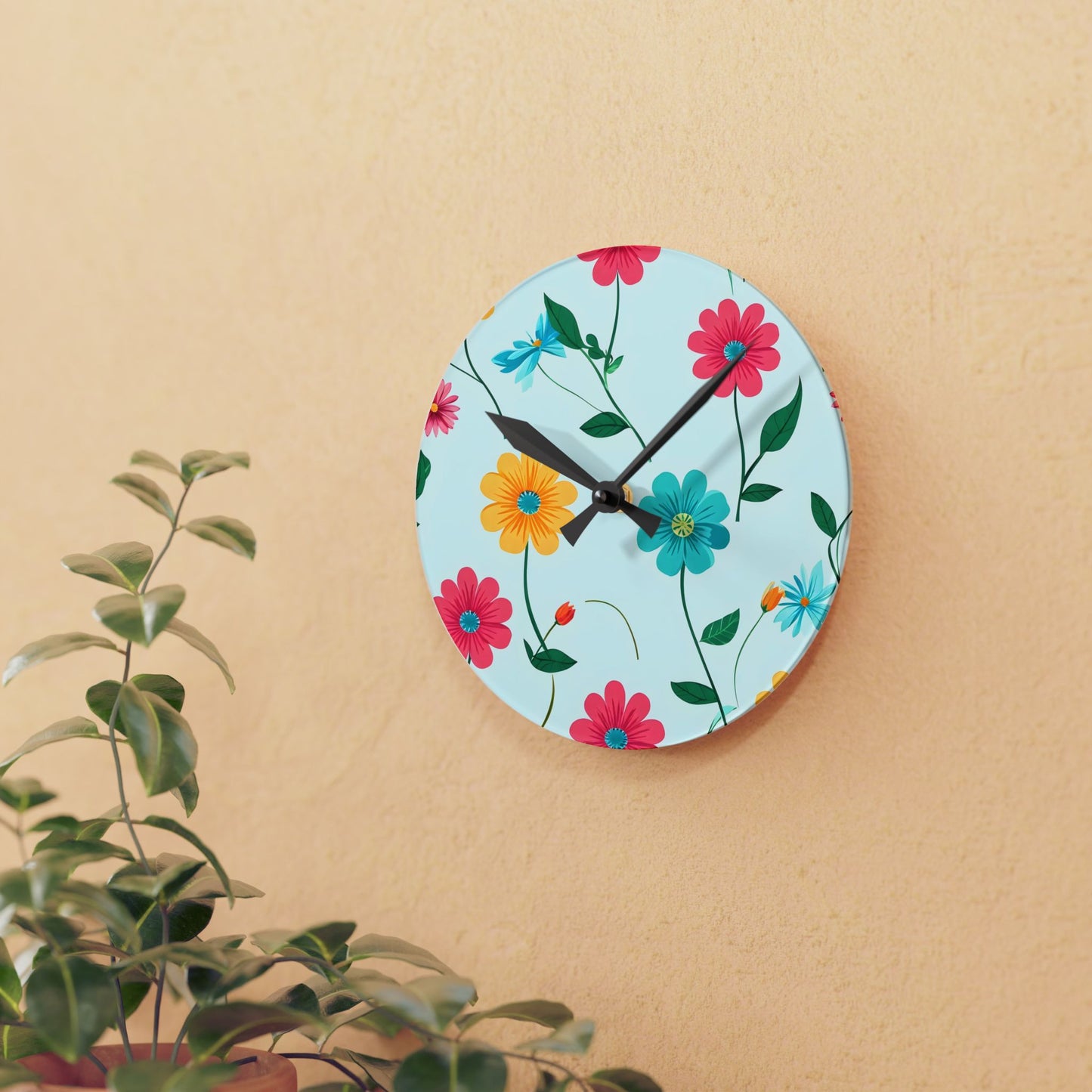 Floral Acrylic Wall Clock — Colorful Spring Daisy Design