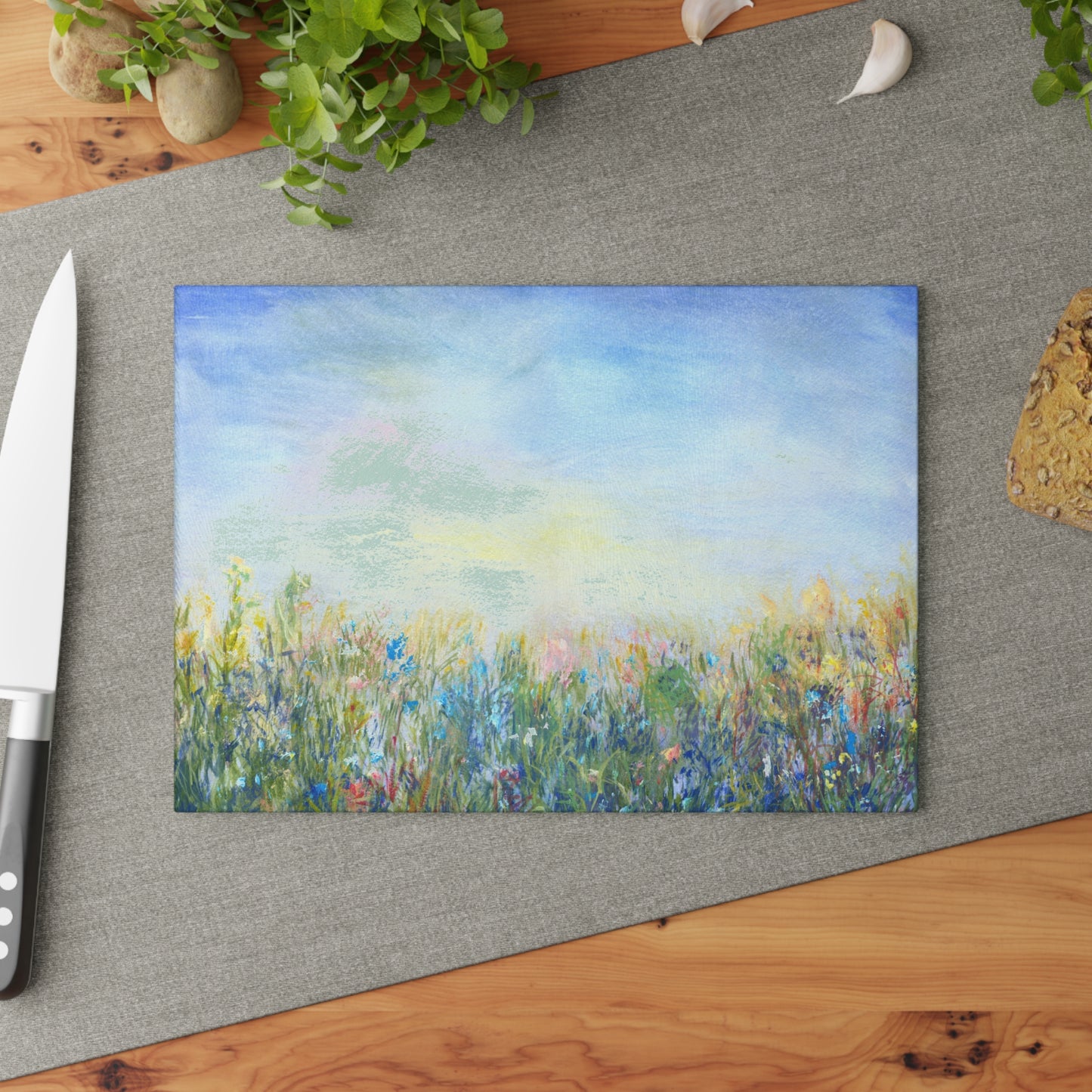 Glass Cutting Board — Soft Pastel Wildflower Meadow Print