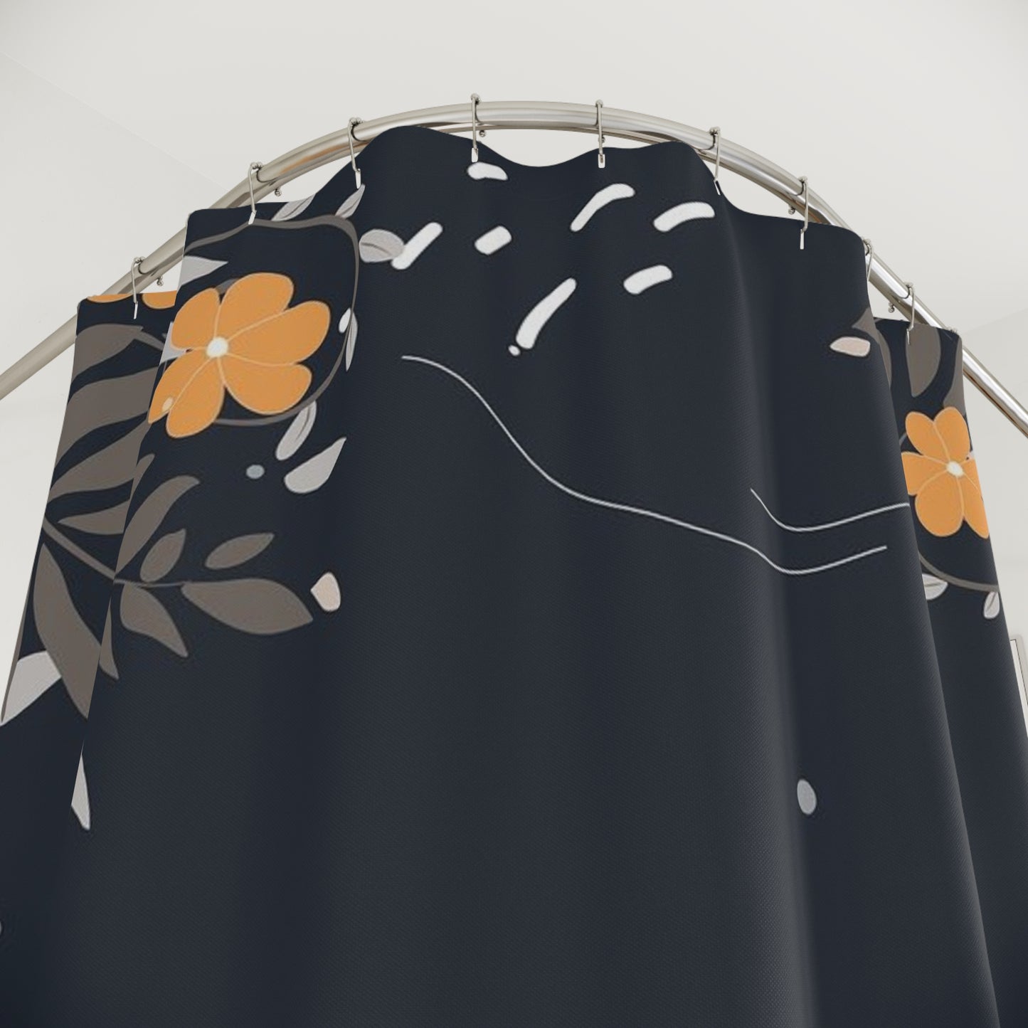 Dark Floral Shower Curtain — Modern Navy Bathroom Decor with Orange Blooms