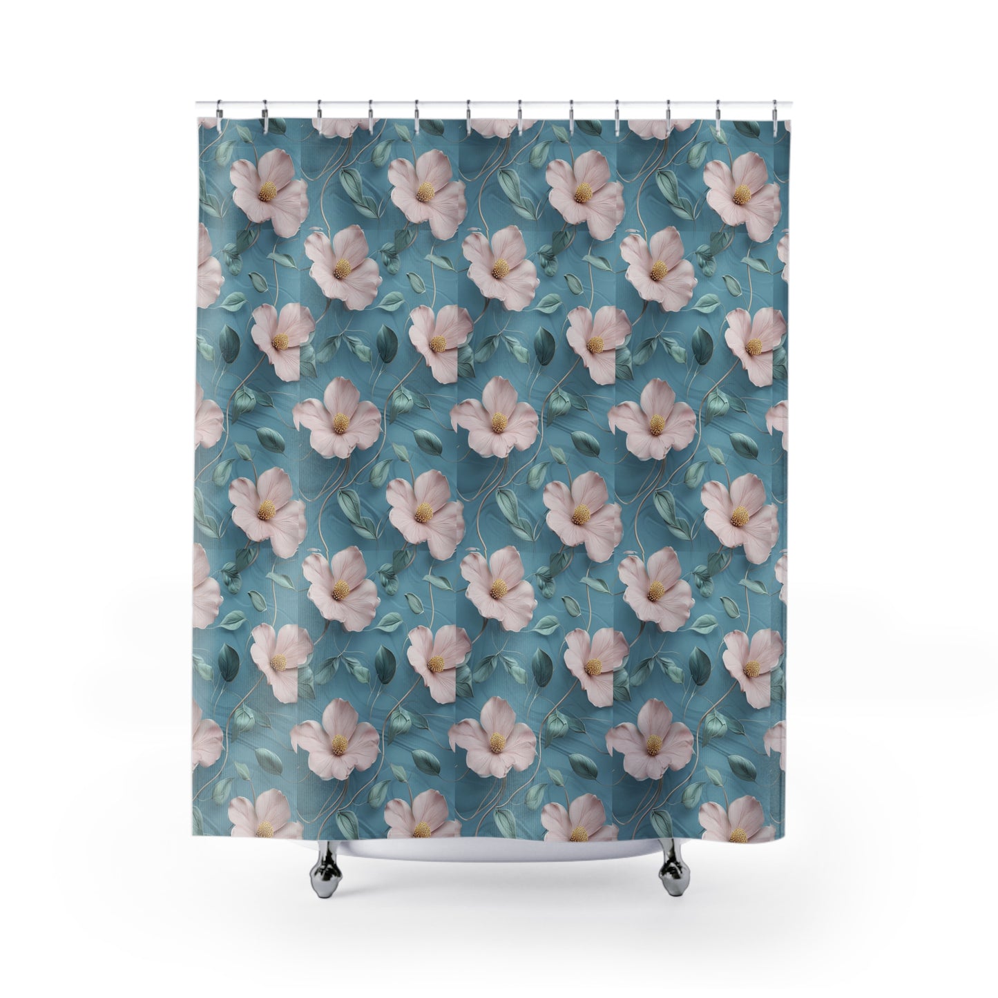 Floral Shower Curtain – Pink Blossoms on Teal Botanical Bathroom Decor