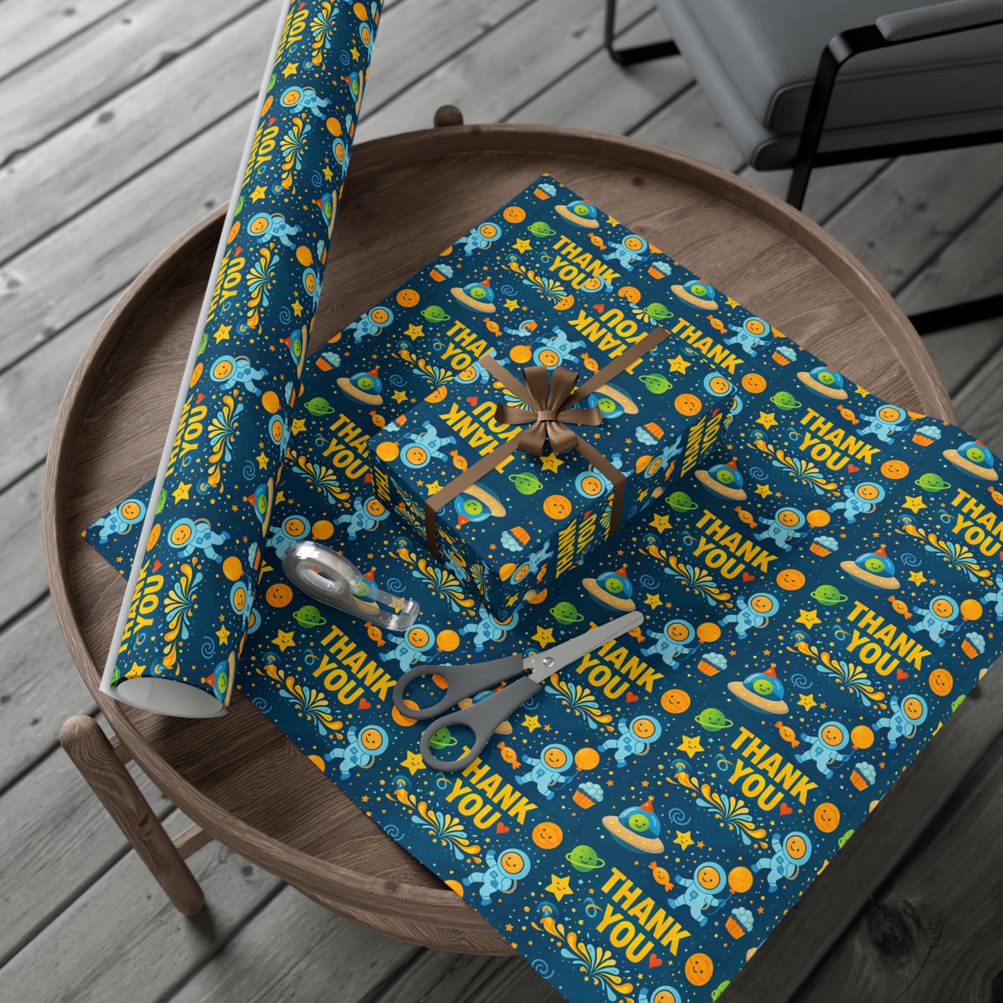 Gift Wrap Paper - 'Thank You' Space Party Pattern (Blue)