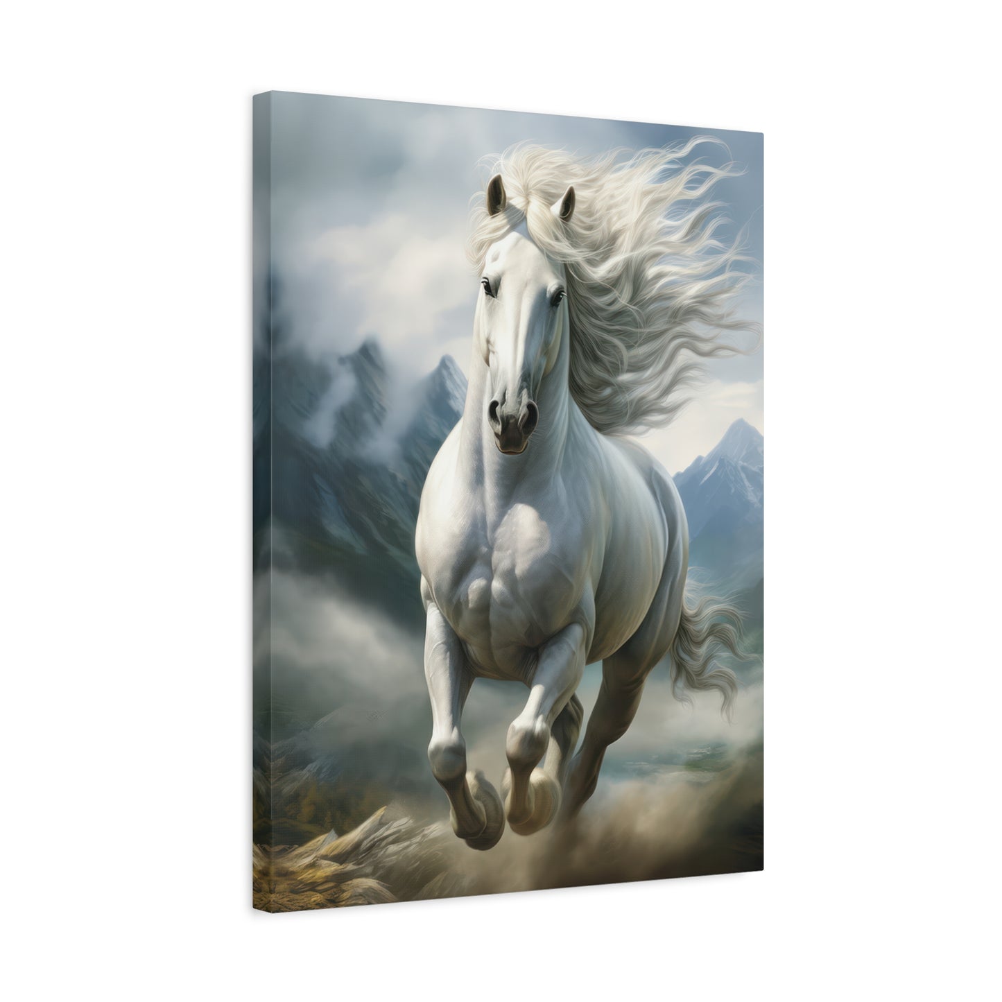 White Stallion Canvas Print – Majestic Galloping Horse Wall Art