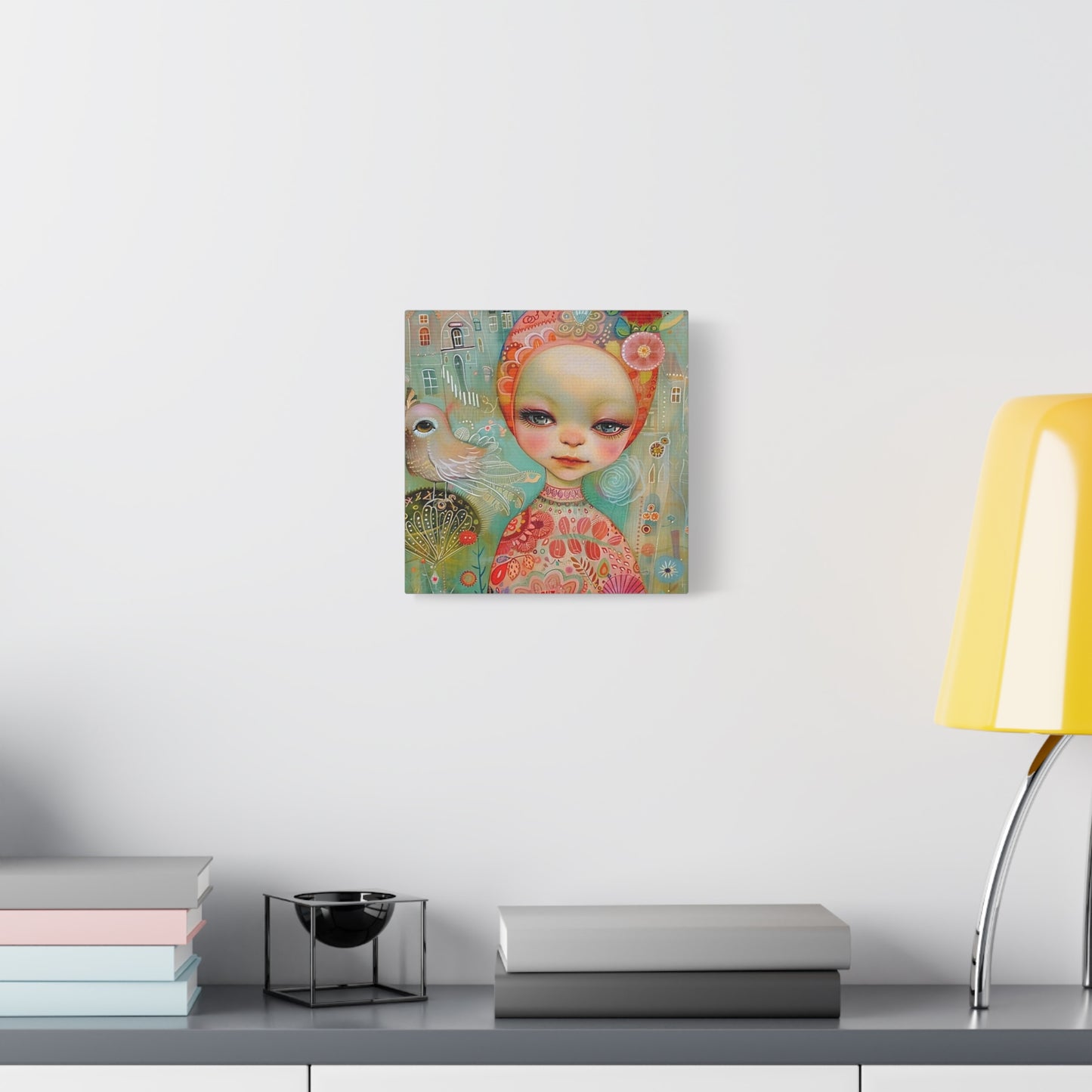 Whimsical Girl & Bird Matte Canvas Wall Art — Stretched Decorative Painting