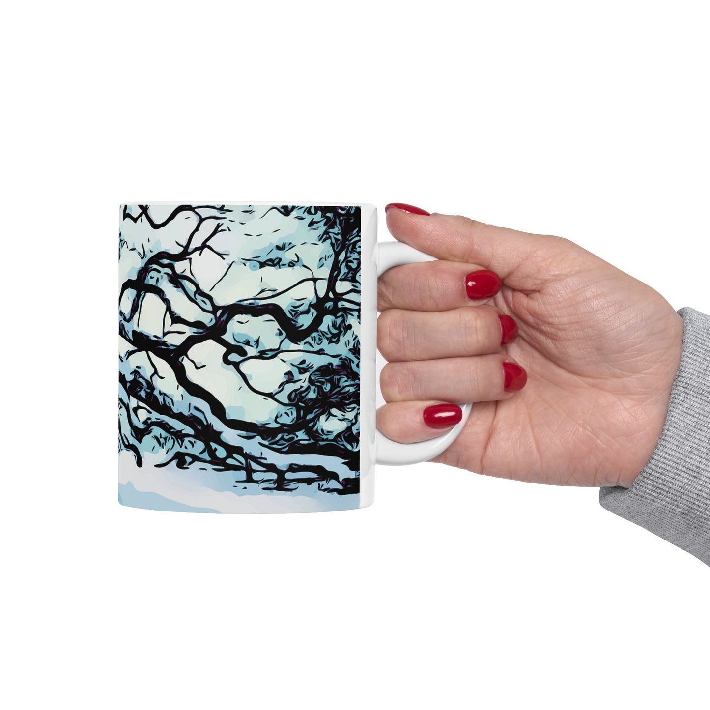 Winter Oak Tree Ceramic Mug — Scenic Snowy Tree Coffee Cup (11oz, 15oz)