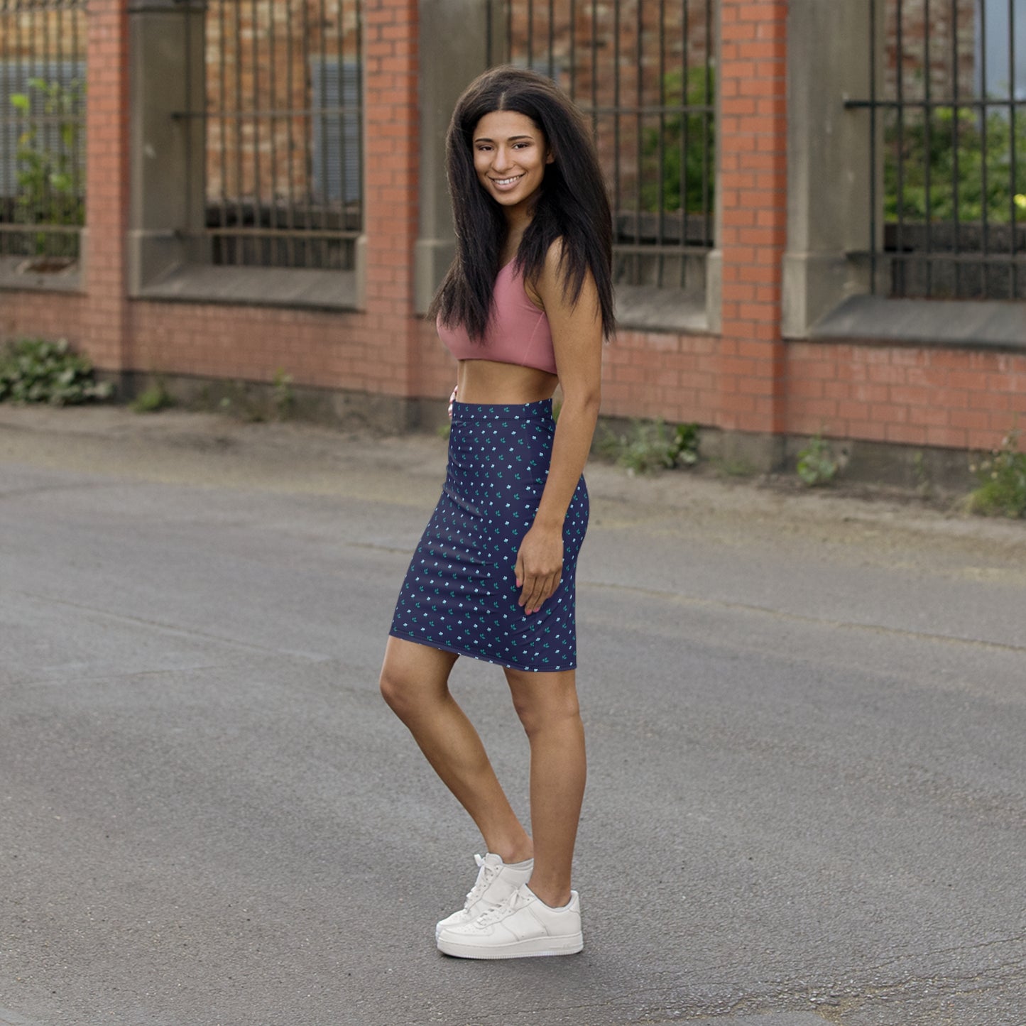 Pencil Skirt — Navy Blue Mini with Teal Floral Dot Print