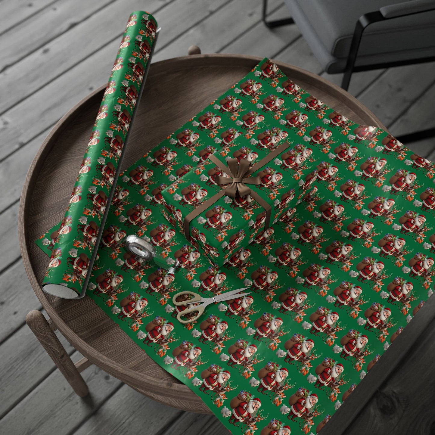 Christmas Santa & Reindeer Wrapping Paper Roll — Festive Green Holiday Gift Wrap