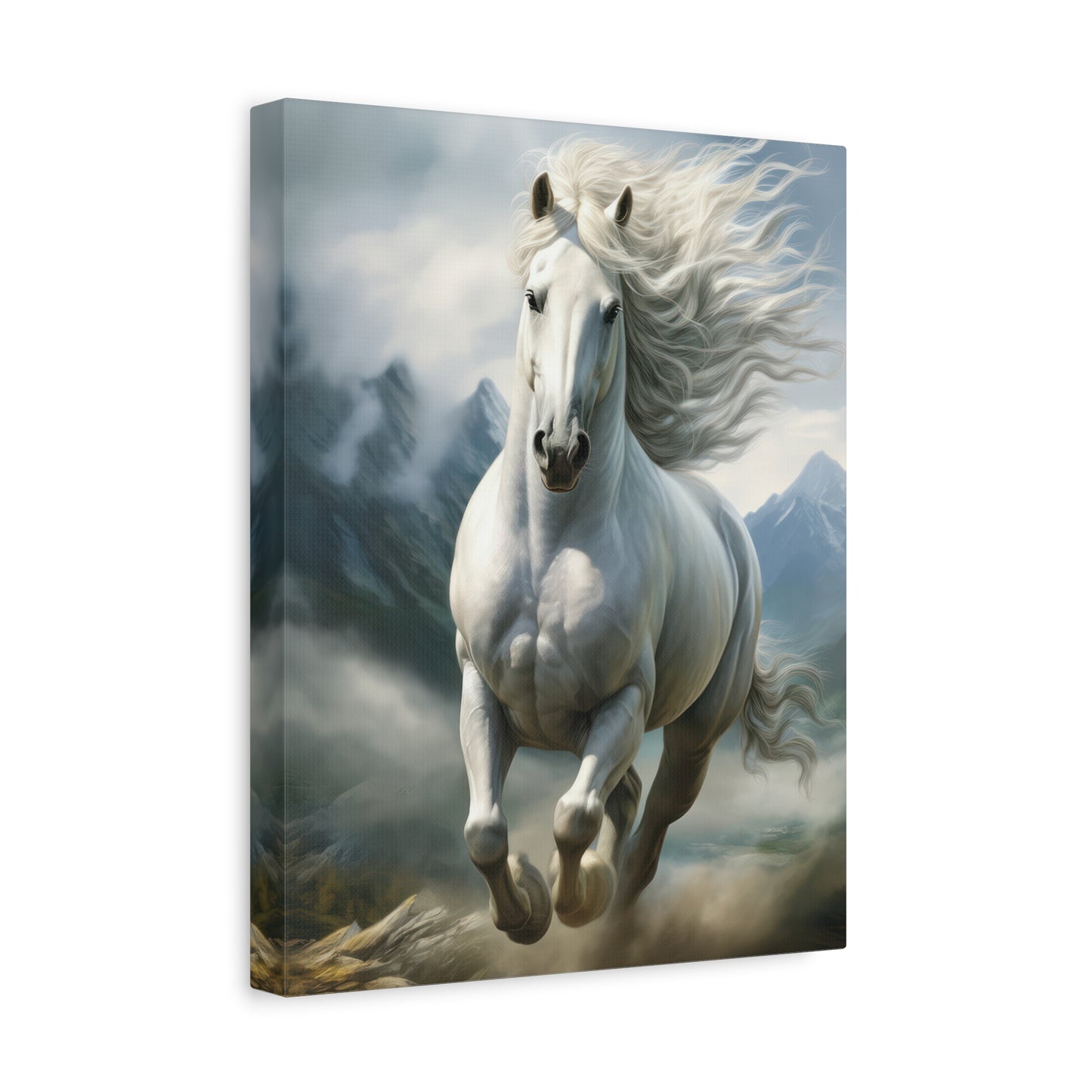 White Stallion Canvas Print – Majestic Galloping Horse Wall Art