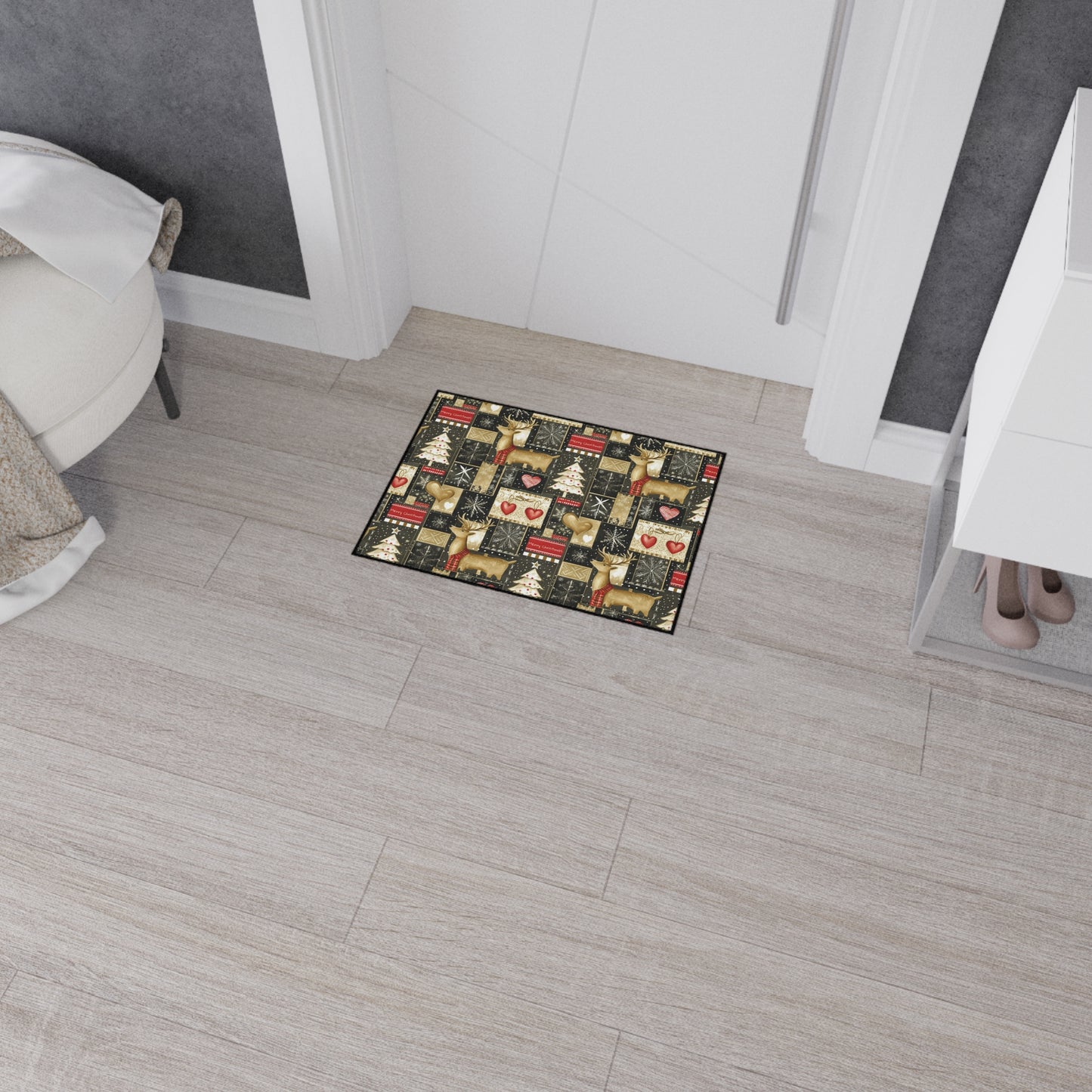 Christmas Reindeer Patchwork Floor Mat — Heavy Duty Holiday Entry Rug