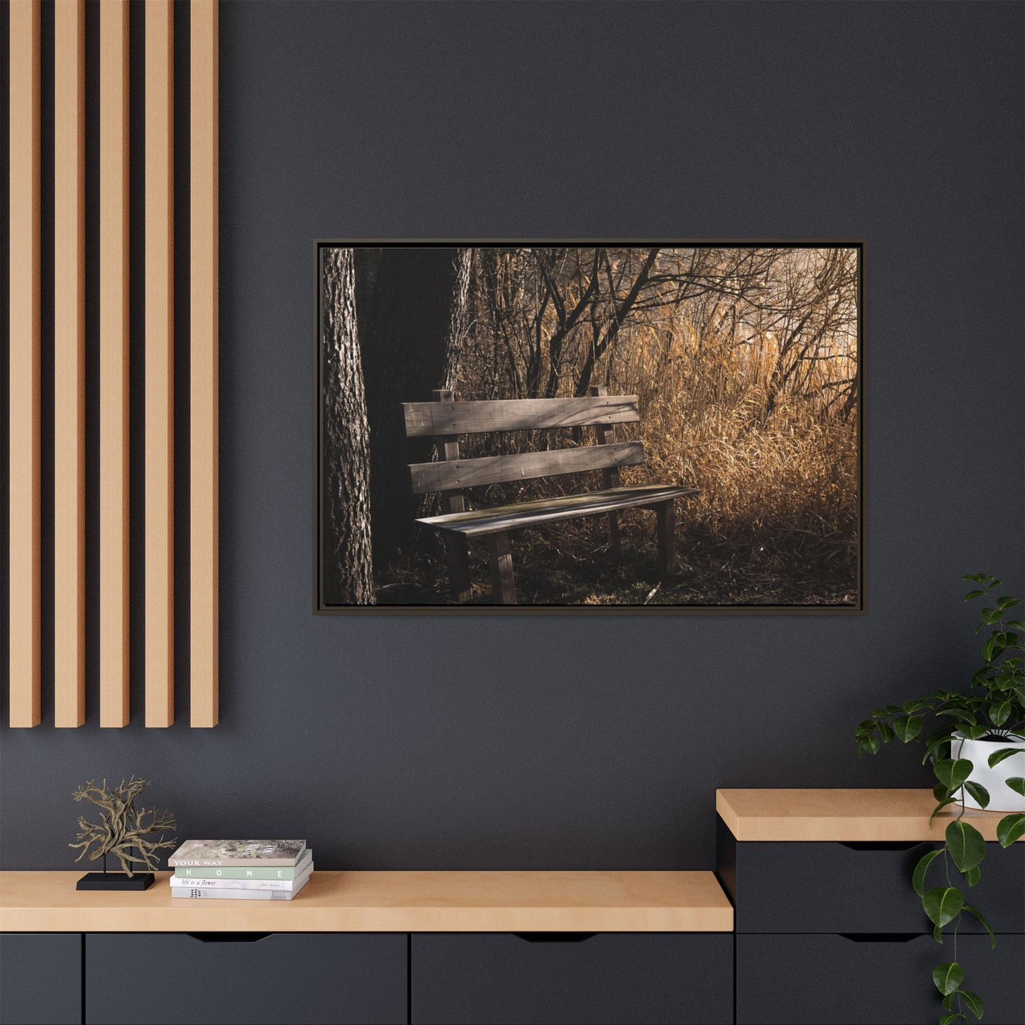 Framed Matte Canvas Print — Autumn Park Bench Photography
