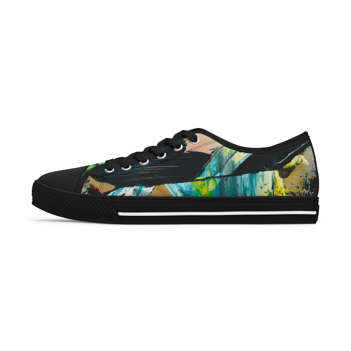 Low Top Sneakers — Abstract Teal & Yellow Brushstroke Canvas Shoes