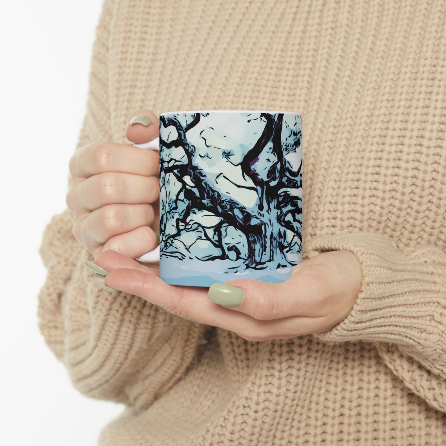 Winter Oak Tree Ceramic Mug — Scenic Snowy Tree Coffee Cup (11oz, 15oz)