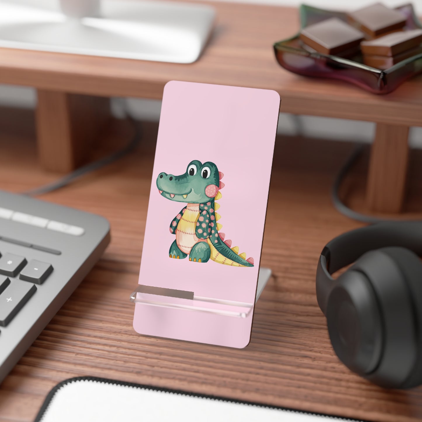 Pink Cute Crocodile Phone Stand — Foldable Mobile Display Stand for Smartphones