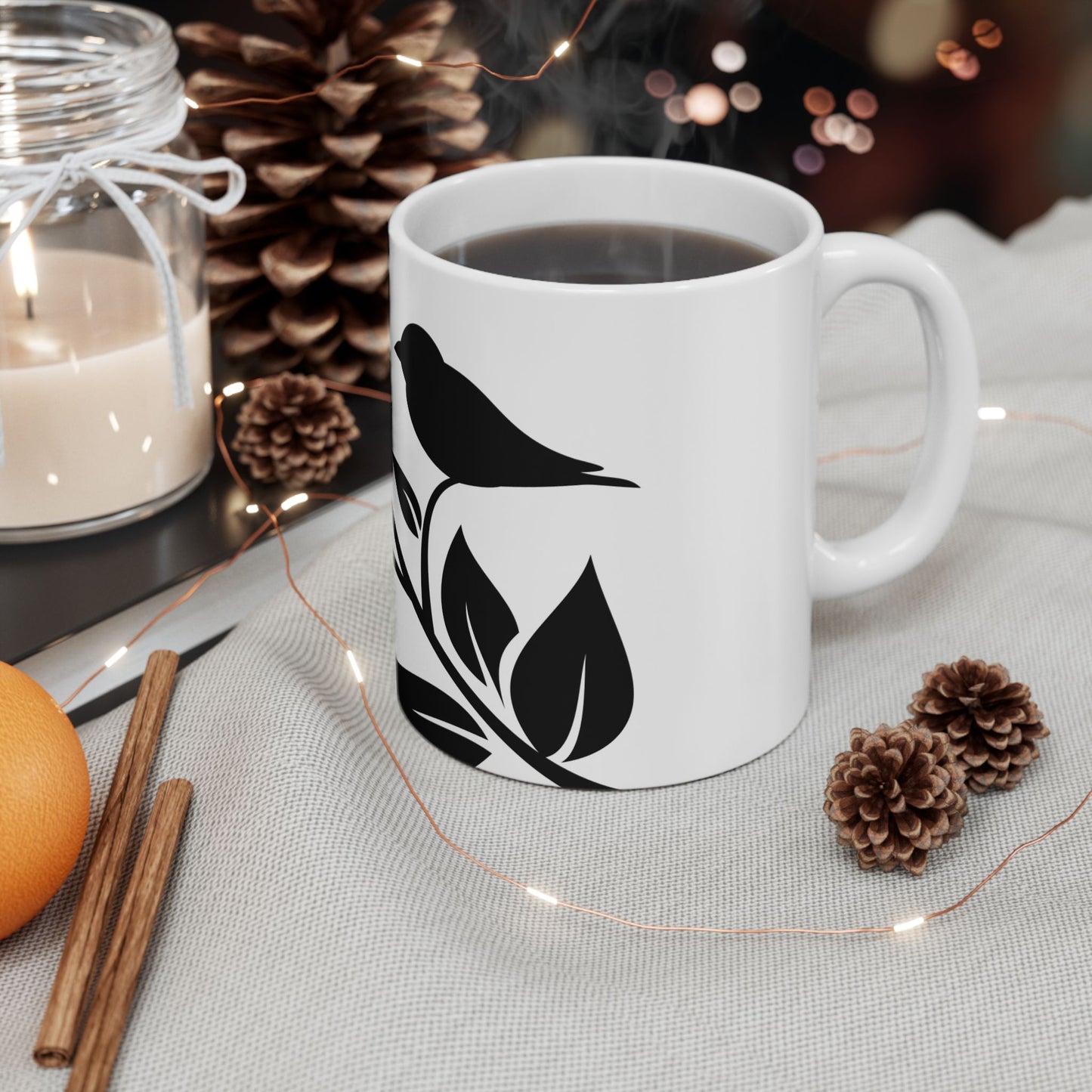 Bird & Branch Ceramic Mug — Black Silhouette Coffee Cup (11oz, 15oz)