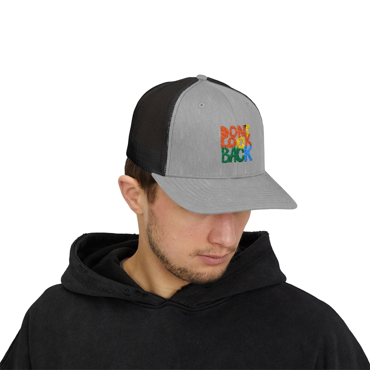 Don’t Look Back Snapback Trucker Cap — Retro Rainbow Embroidered Hat