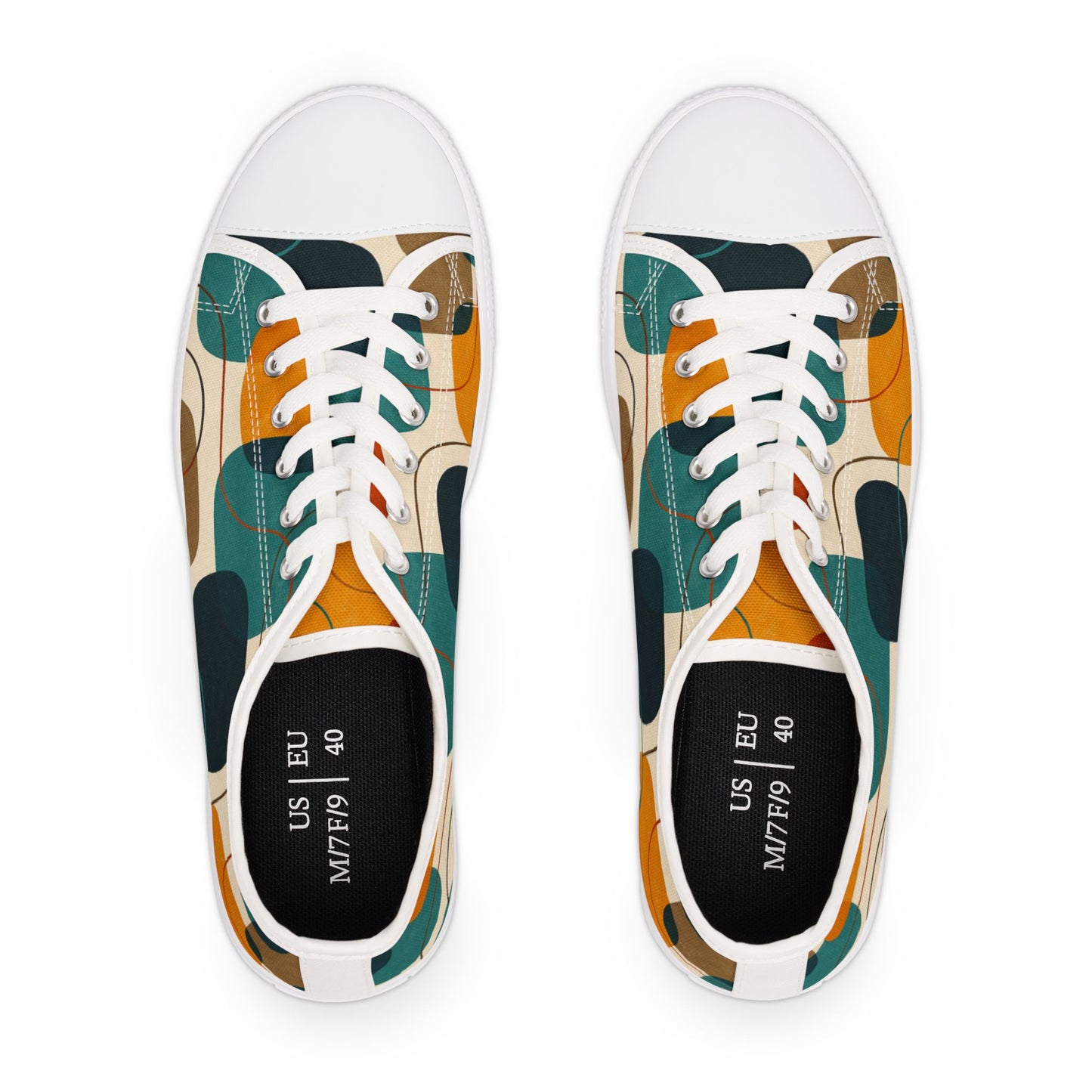 Low Top Sneakers — Retro Abstract Teal & Mustard Geometric Pattern
