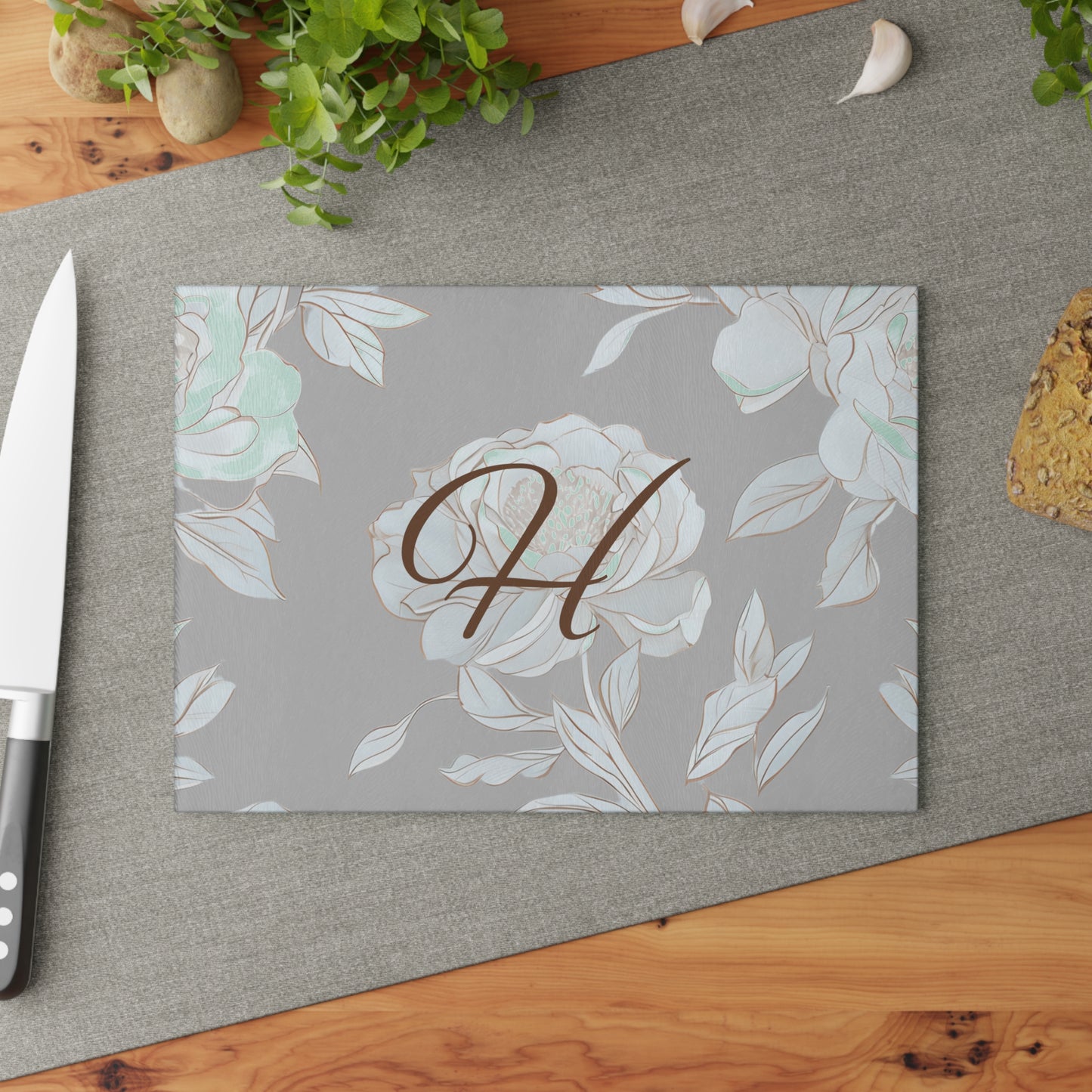 Personalized Floral Glass Cutting Board with Initials Letter H
