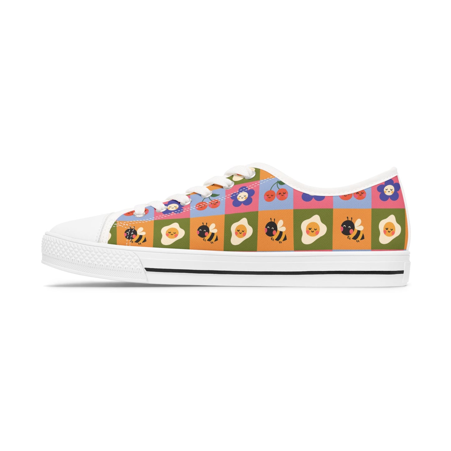 Women's Low Top Sneakers — Retro Floral & Bee Checkerboard Printed Casual Shoes