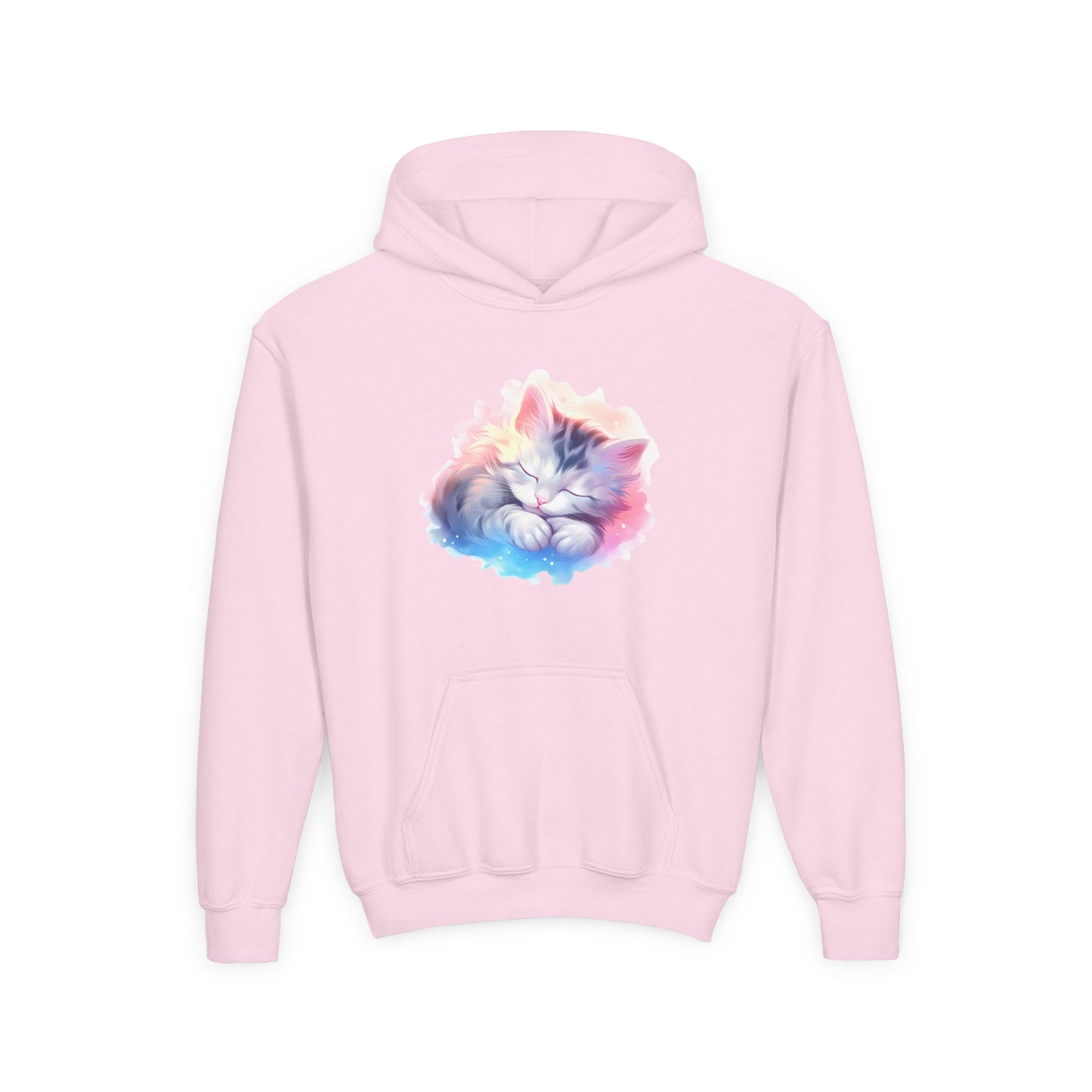 Kids' Cozy Rainbow Kitten Hoodie — Cute Sleeping Cat Youth Sweatshirt