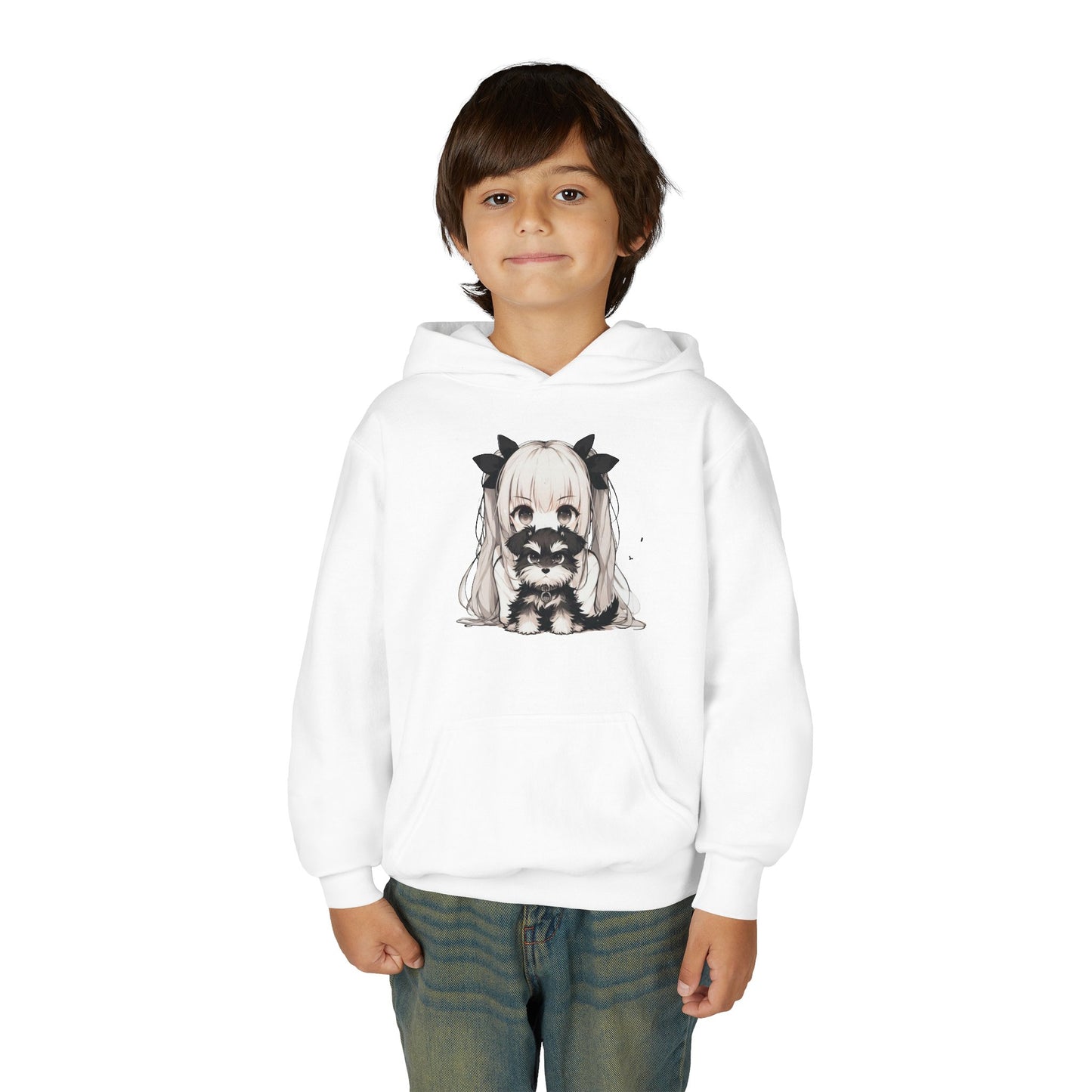 Cute Anime Girl & Puppy Youth Hoodie — Kawaii Kids Pullover for Anime Fans