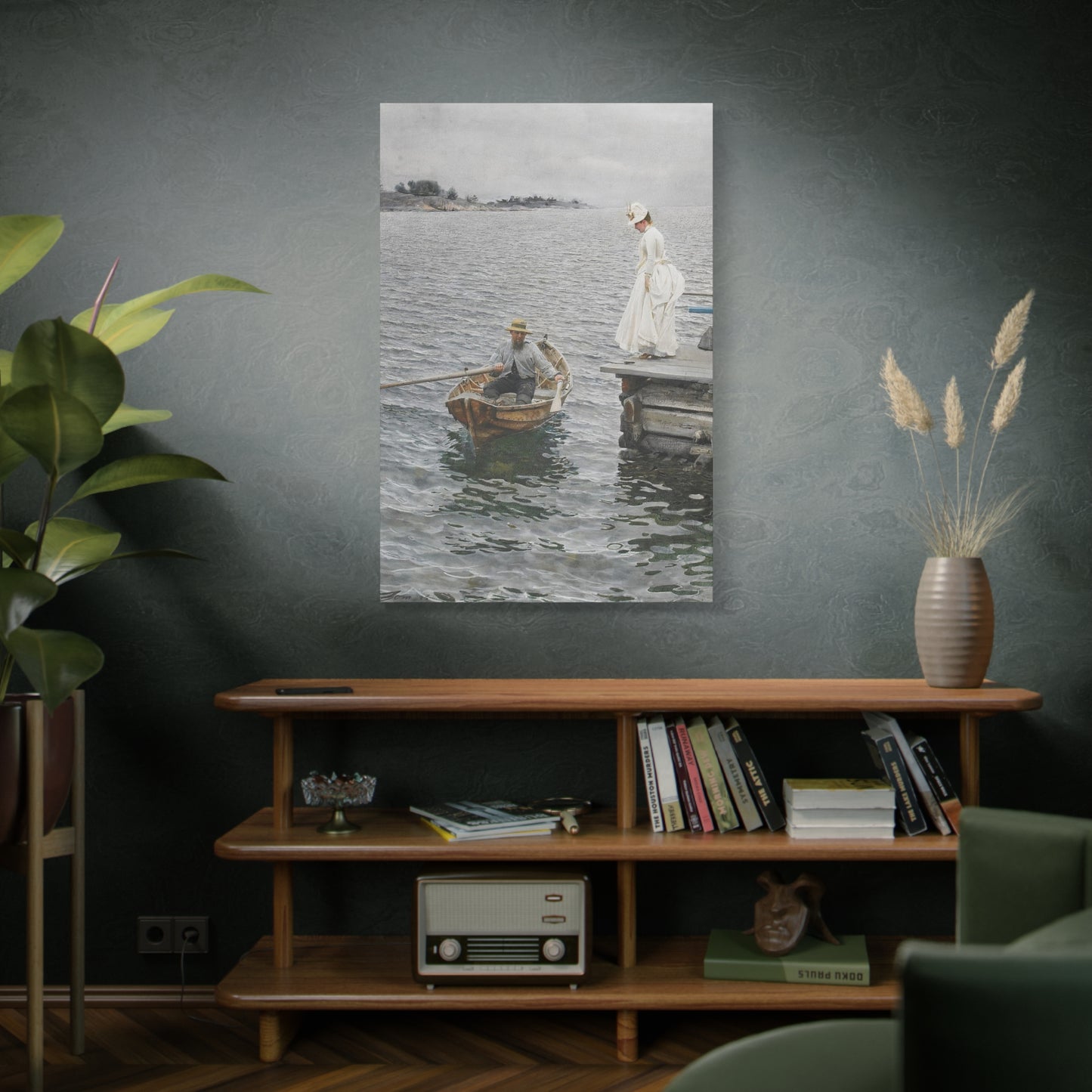 Seaside Stroll Canvas Print — Vintage Woman & Rowboat Matte Stretched Art 1.25"