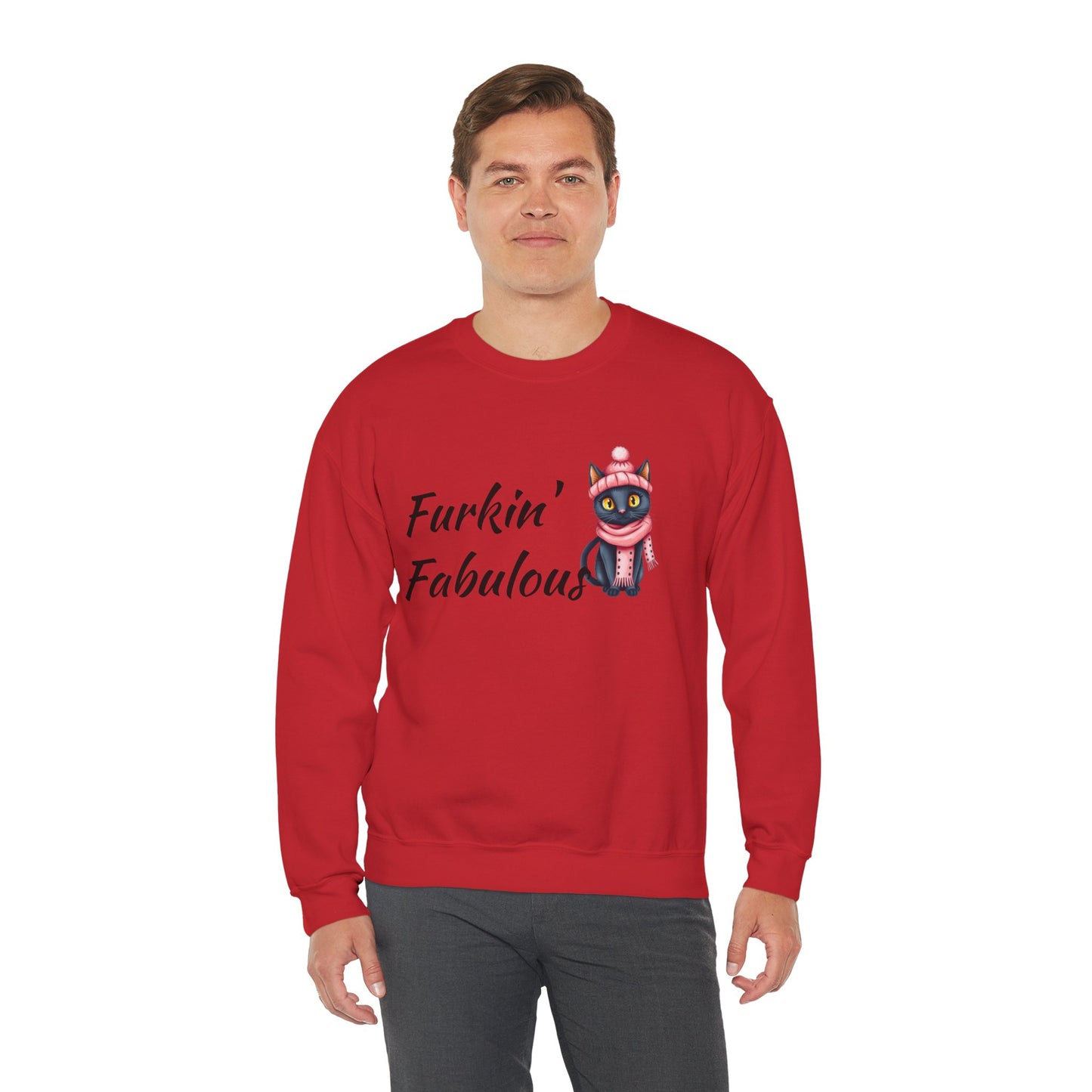 Crewneck Sweatshirt — "Furkin' Fabulous" Cute Black Cat in Pink Hat & Scarf