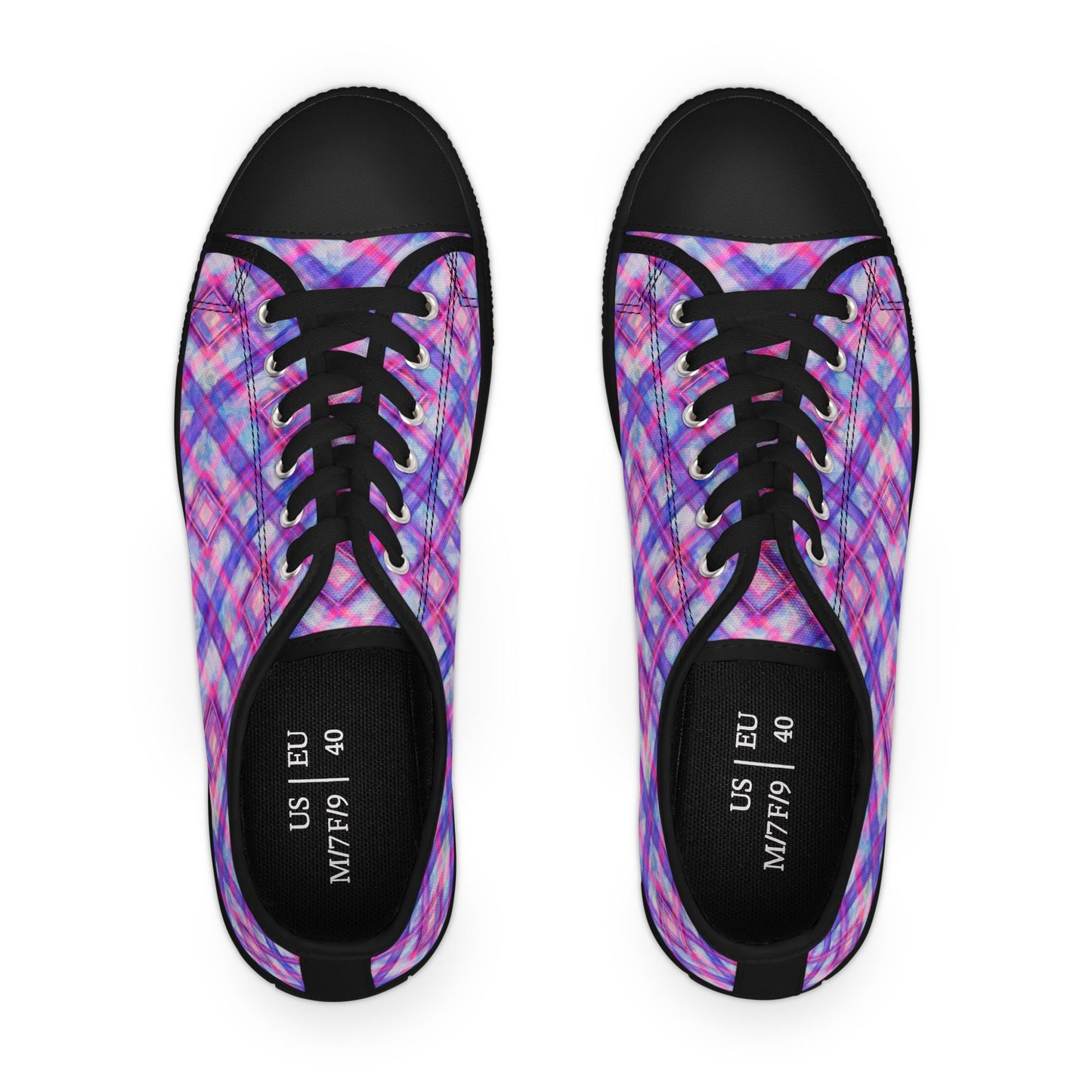 Women's Low Top Sneakers — Pink Purple Plaid Casual Canvas Shoes