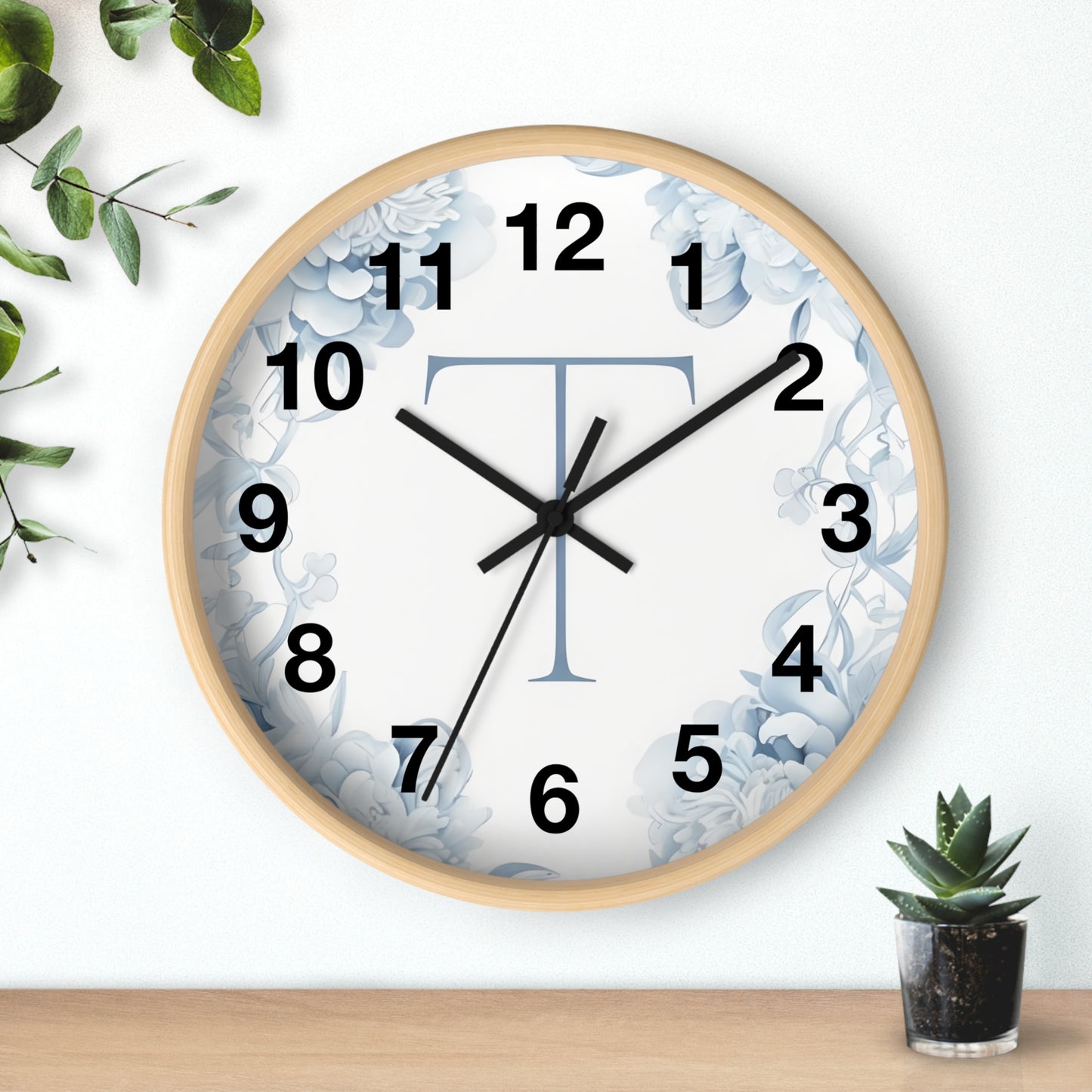 Monogram T Floral Wall Clock — Elegant Blue Initial T Home Decor