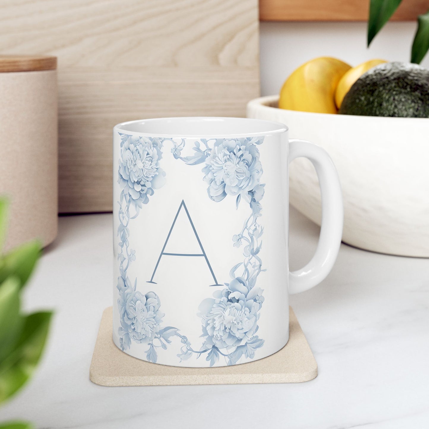 Blue Floral Monogram Ceramic Mug (11oz/15oz)