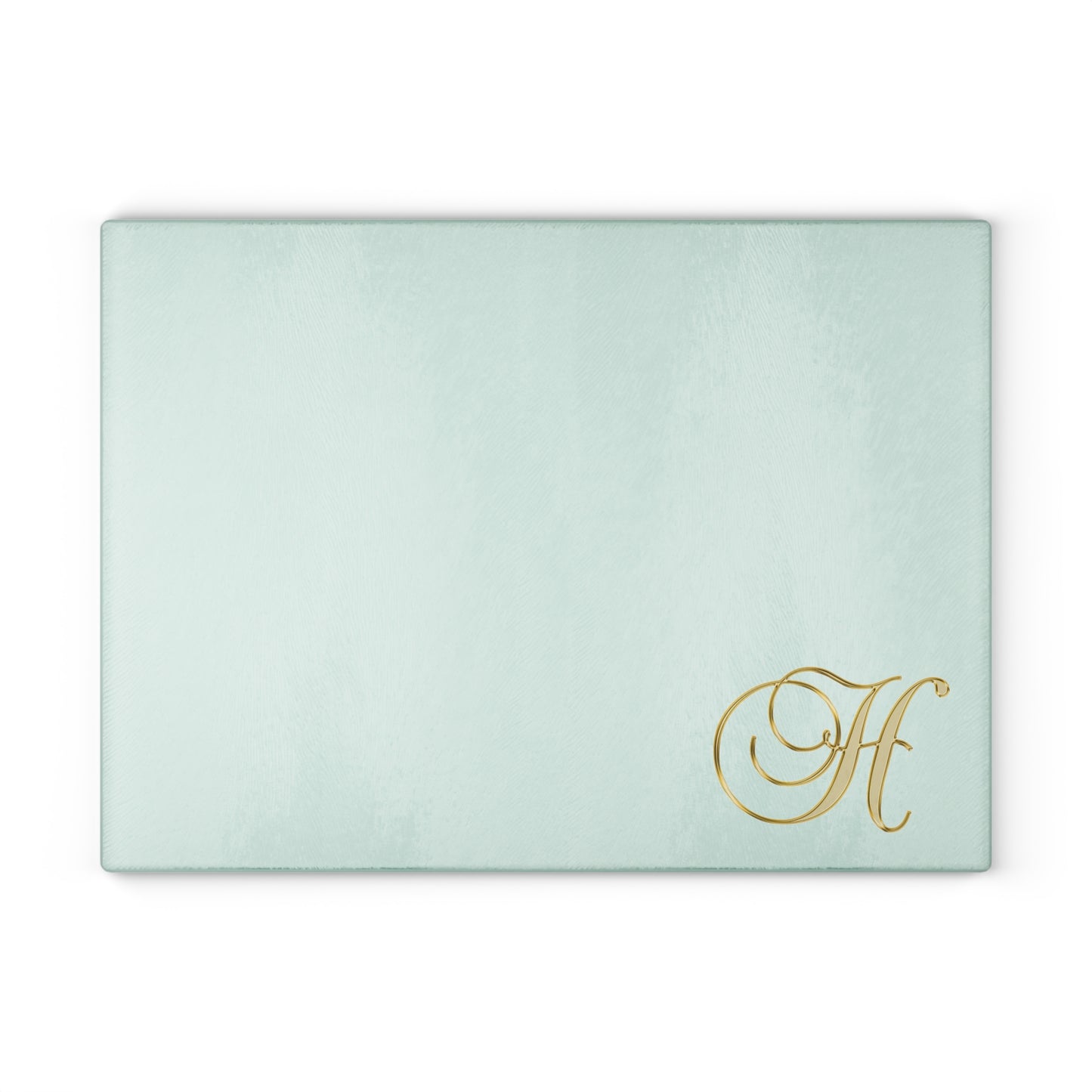Monogram Glass Cutting Board — Mint with Gold Script "H"
