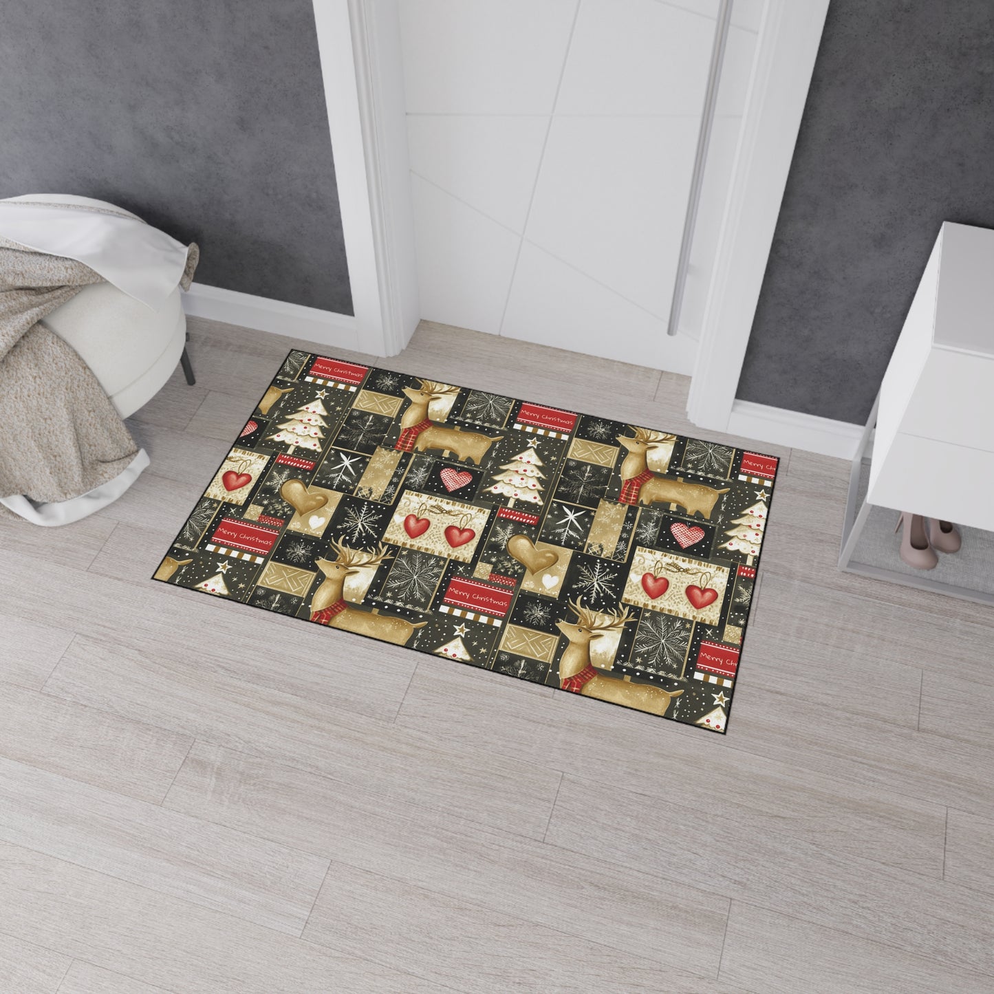 Christmas Reindeer Patchwork Floor Mat — Heavy Duty Holiday Entry Rug