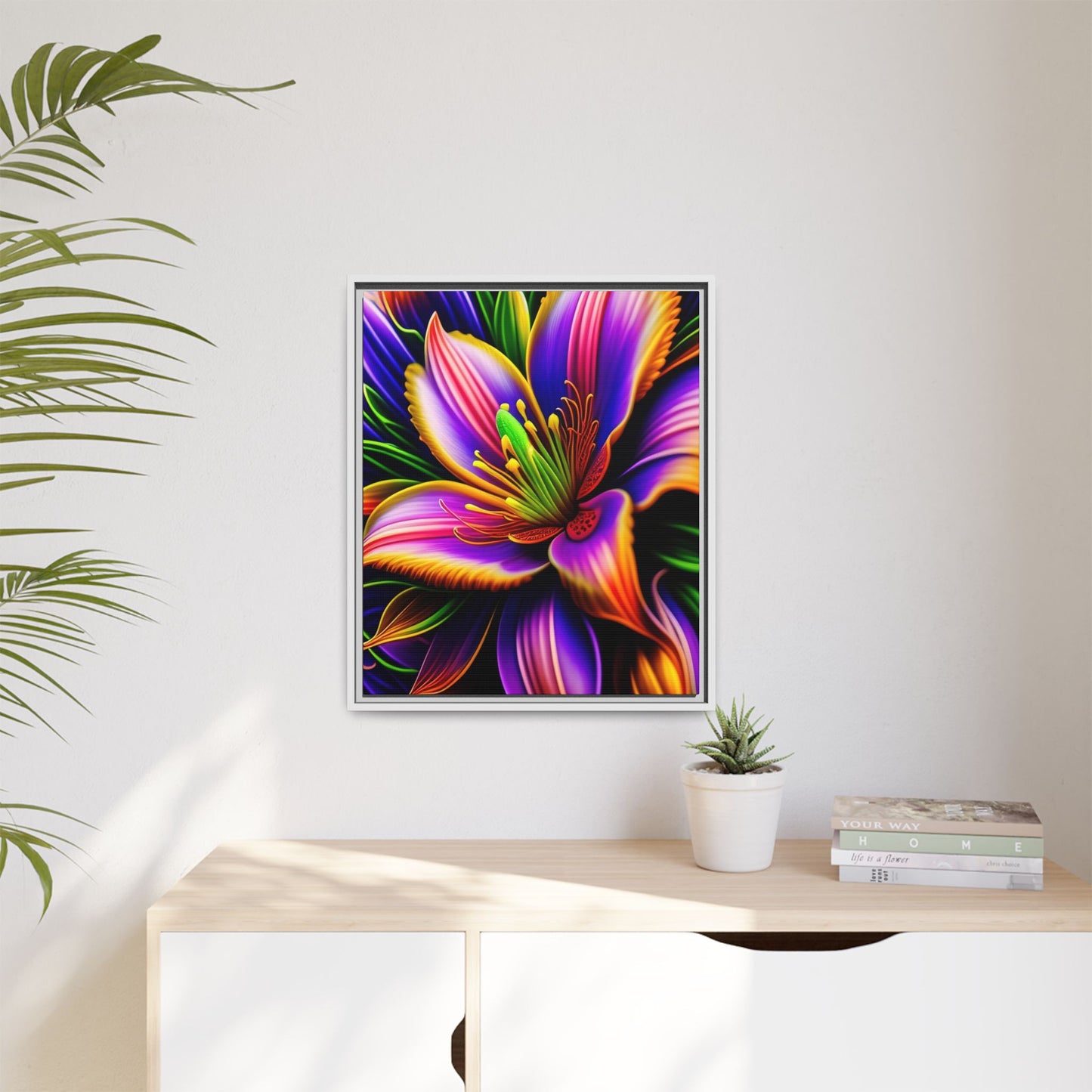 Vibrant Neon Floral Matte Canvas Print — Framed Wall Art