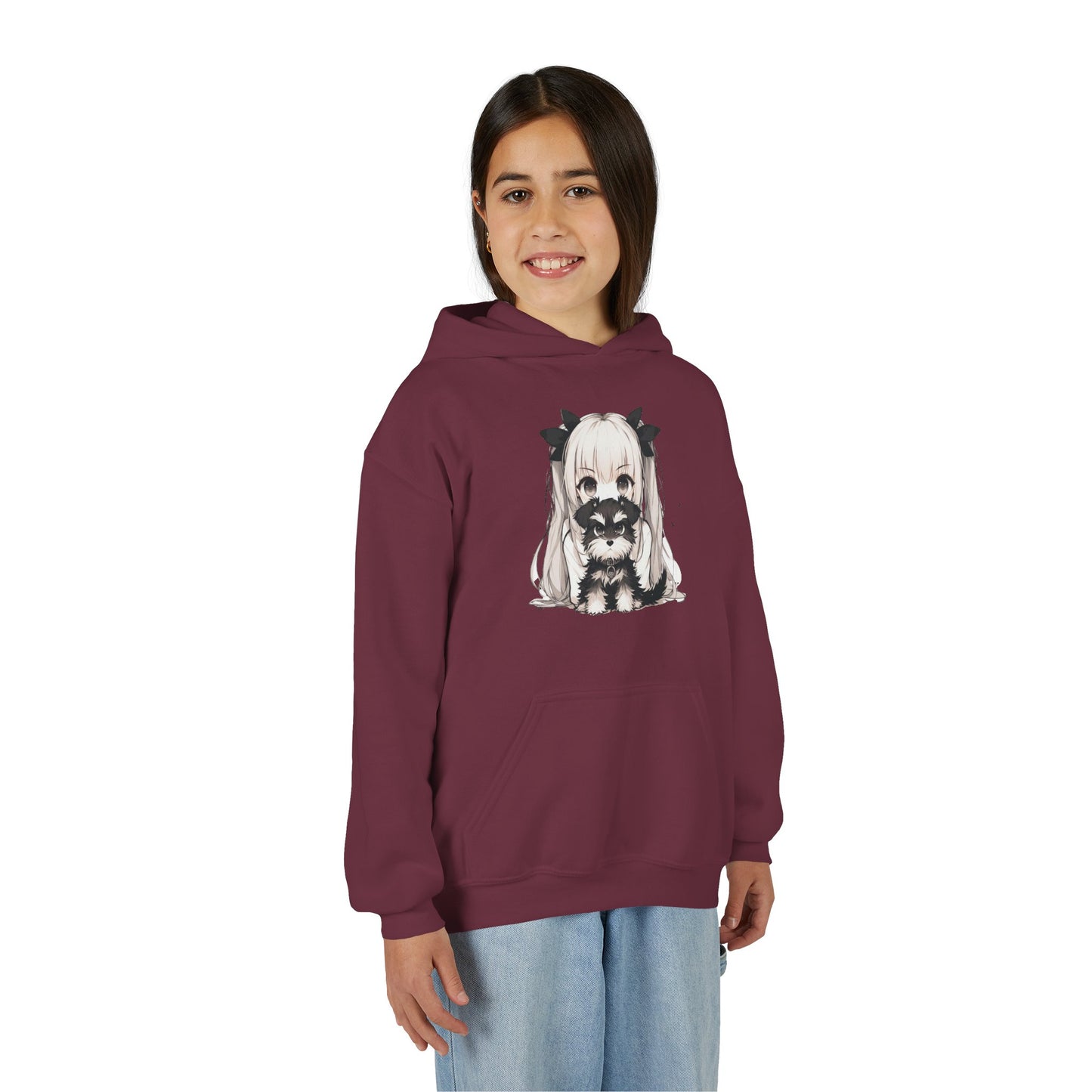 Cute Anime Girl & Puppy Youth Hoodie — Kawaii Kids Pullover for Anime Fans