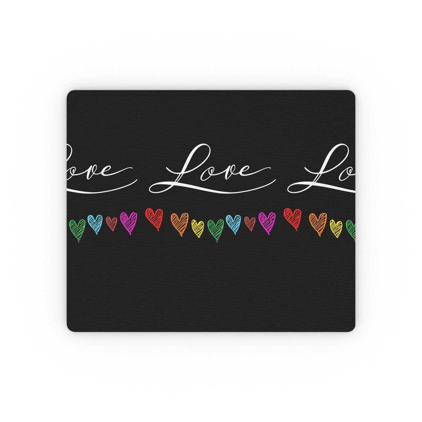 Love Rainbow Hearts Mouse Pad — Black Rectangular Desk Mat with Colorful Heart Border