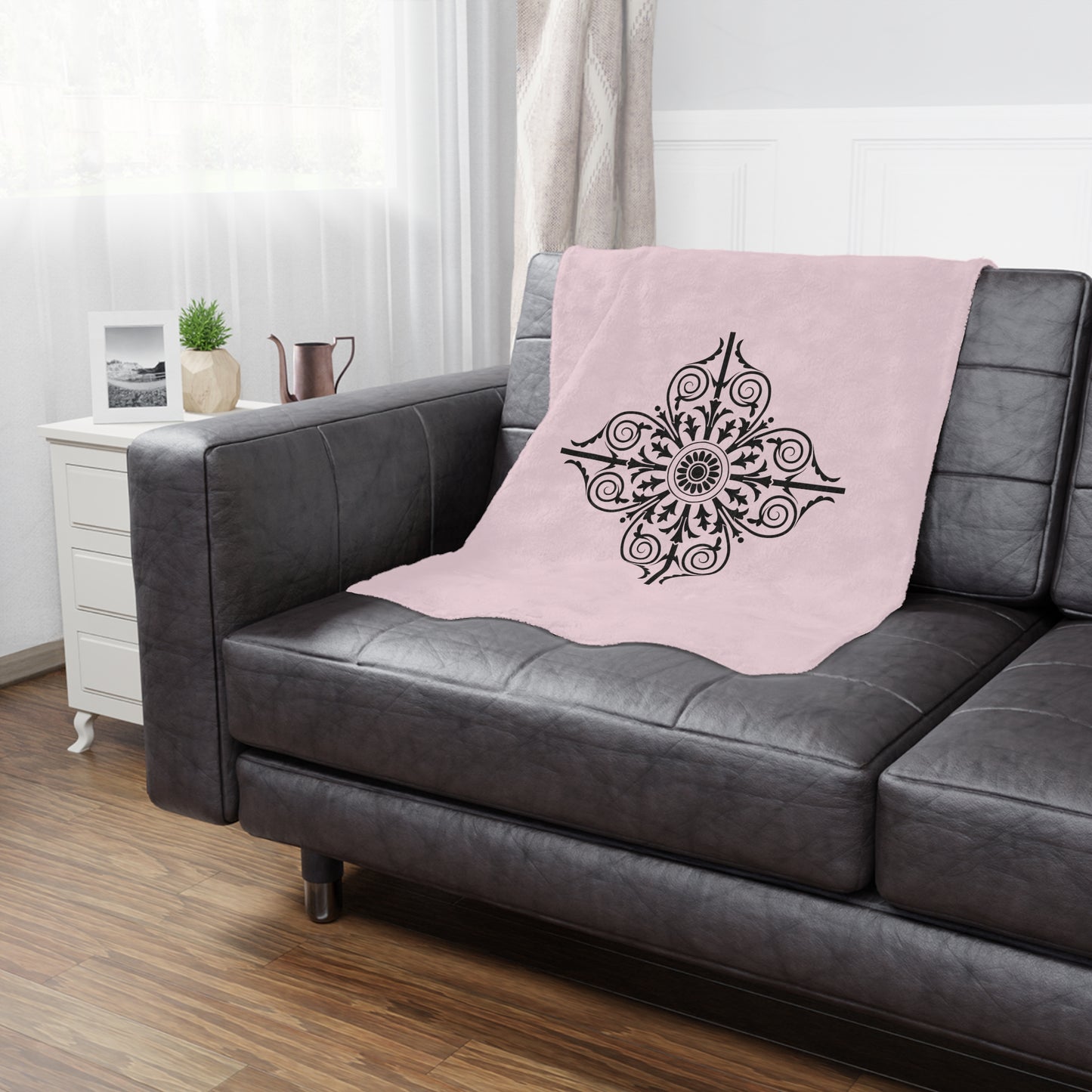 Pink Minky Blanket with Black Ornate Medallion – Decorative Cozy Throw