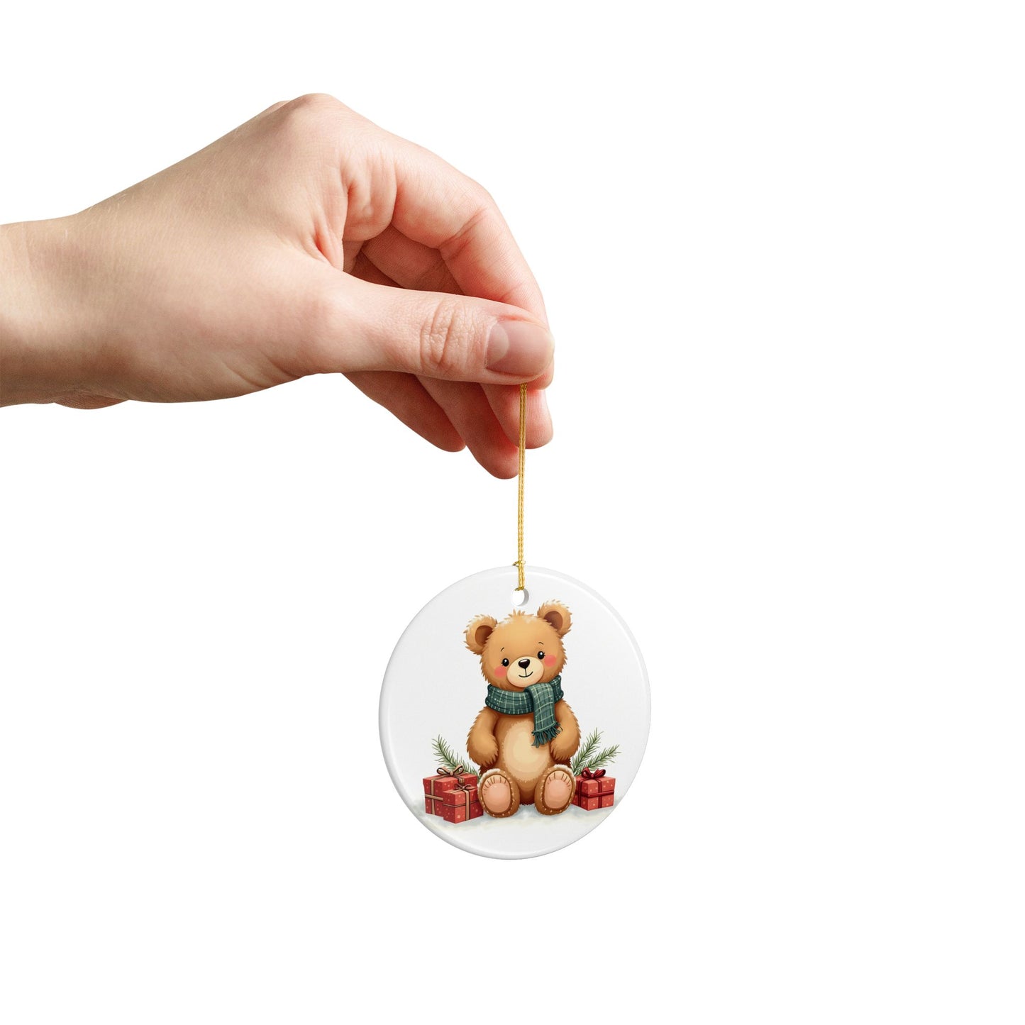 Teddy Bear Christmas Ornament — Cute Holiday Ceramic Tree Decor (Two-Sided)