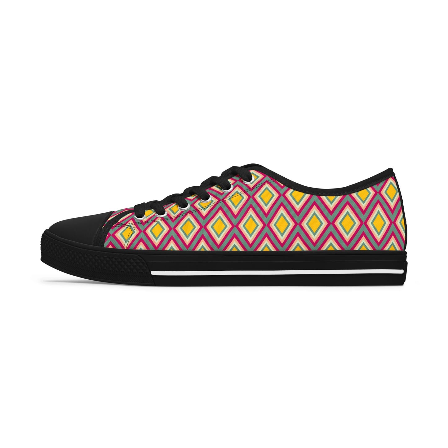 Low Top Sneakers — Retro Diamond Pattern Pink Yellow Casual Women's Shoes