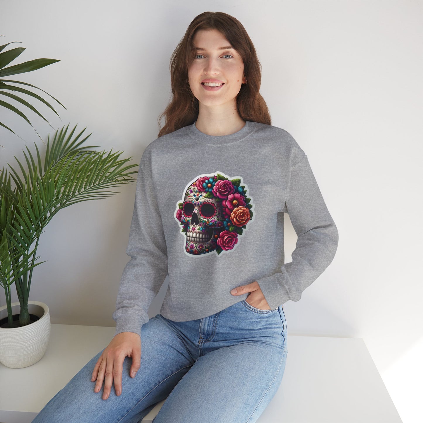 Sugar Skull Crewneck Sweatshirt — Floral Day of the Dead Graphic