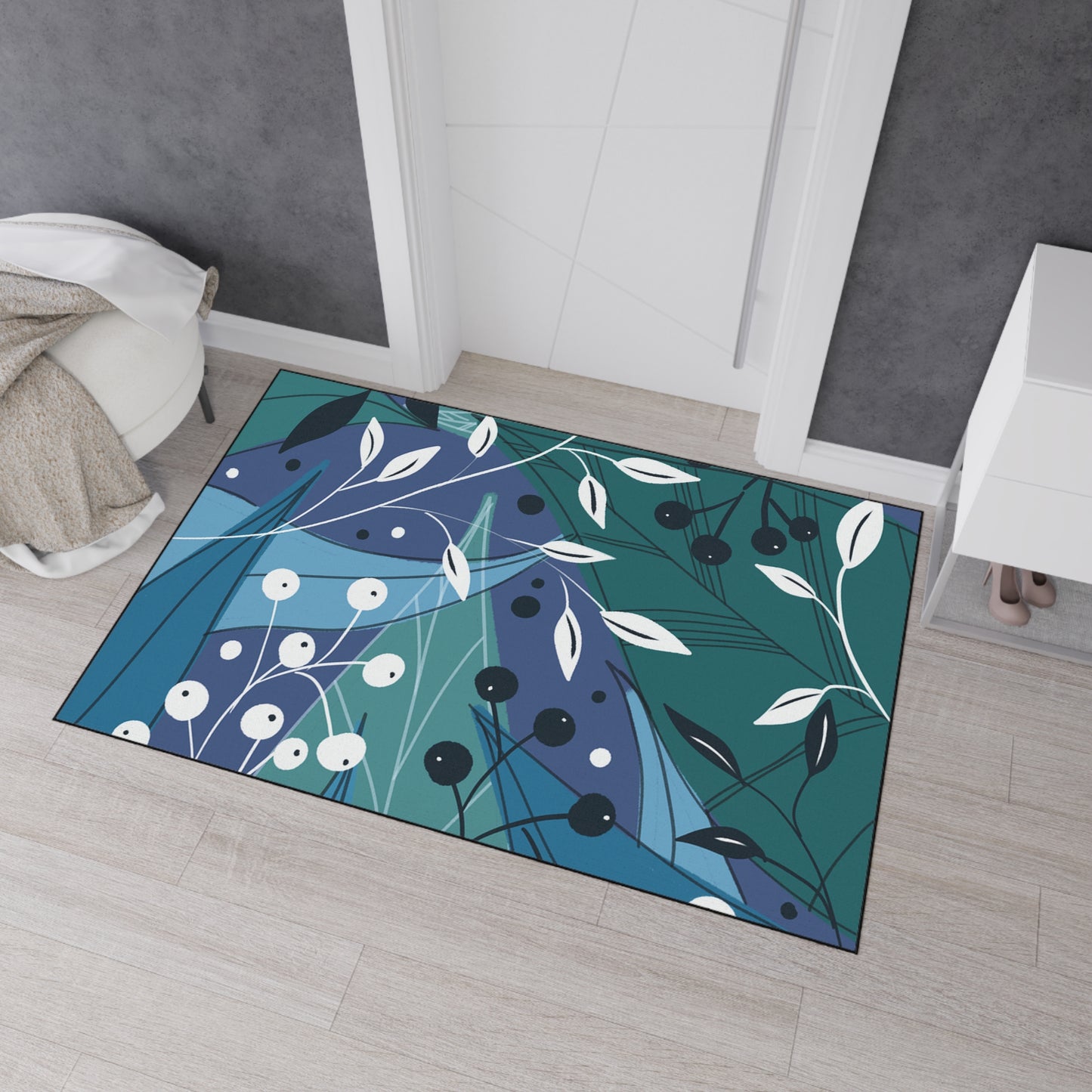Botanical Blue Heavy-Duty Floor Mat — Durable Floral Entrance Rug