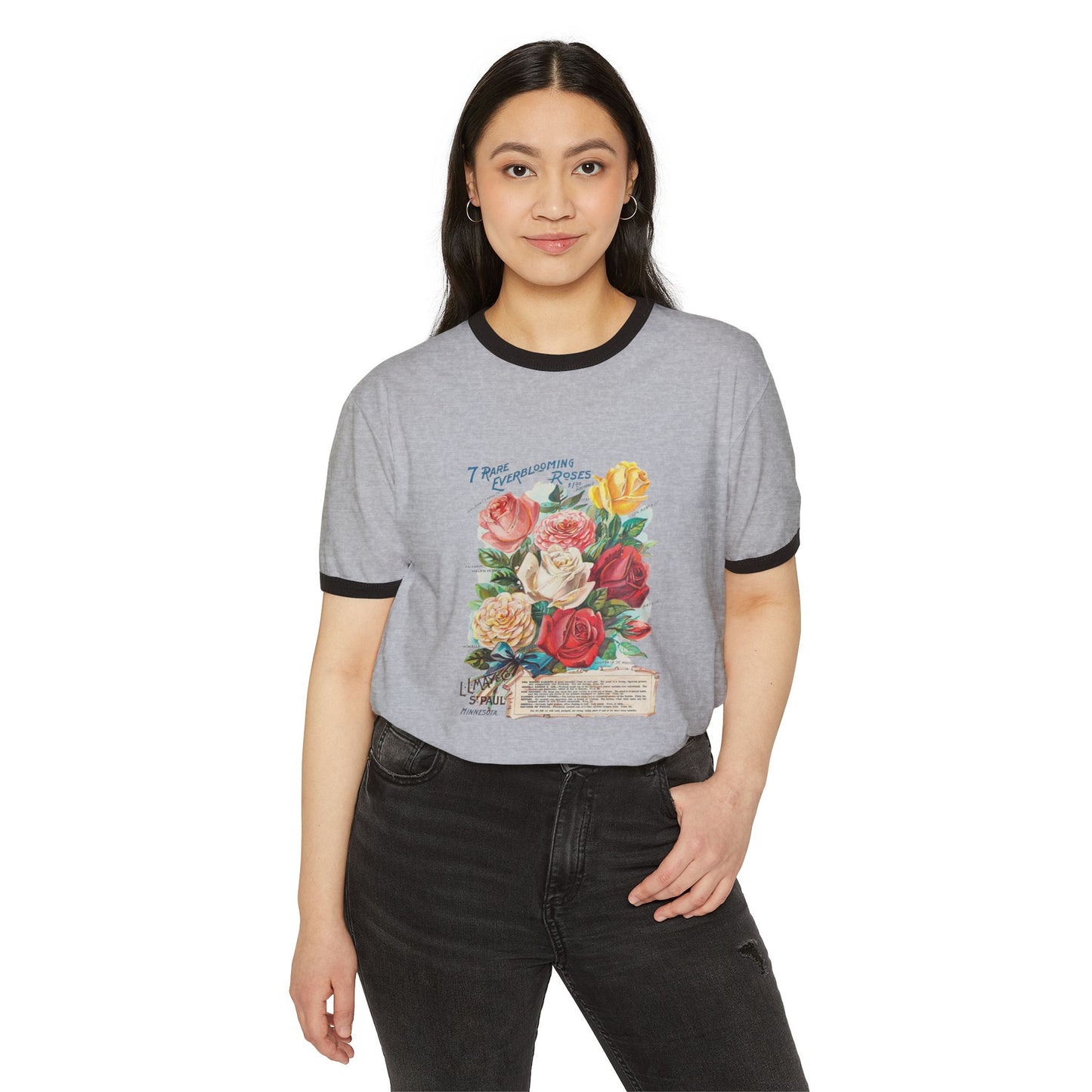 Ringer T-Shirt - Vintage Botanical Rose Bouquet (Includes Floral Text)