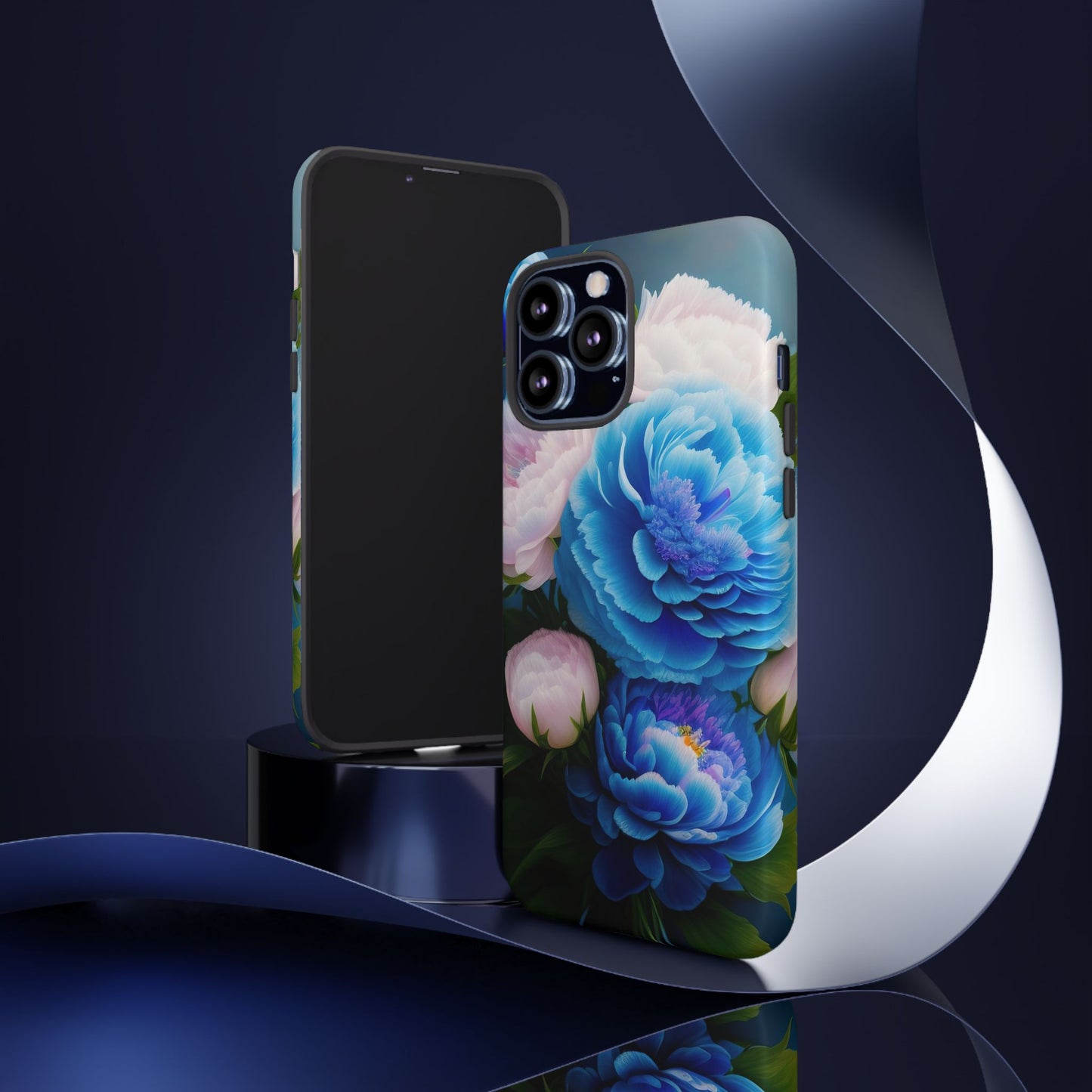 Floral Blue Peony Phone Case — Protective Tough Case with Pink & Blue Blooms