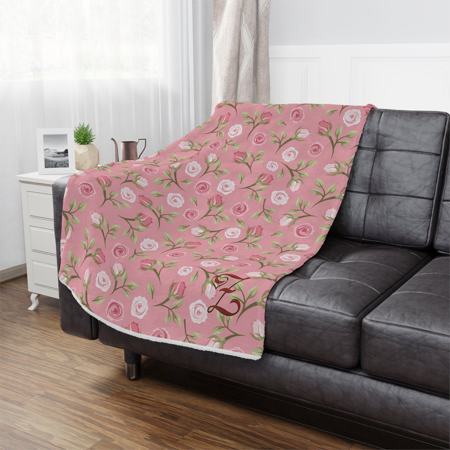 Pink Rose Floral Minky Blanket — Soft Monogrammed "Z" Throw for Nursery, Baby Shower & Gift