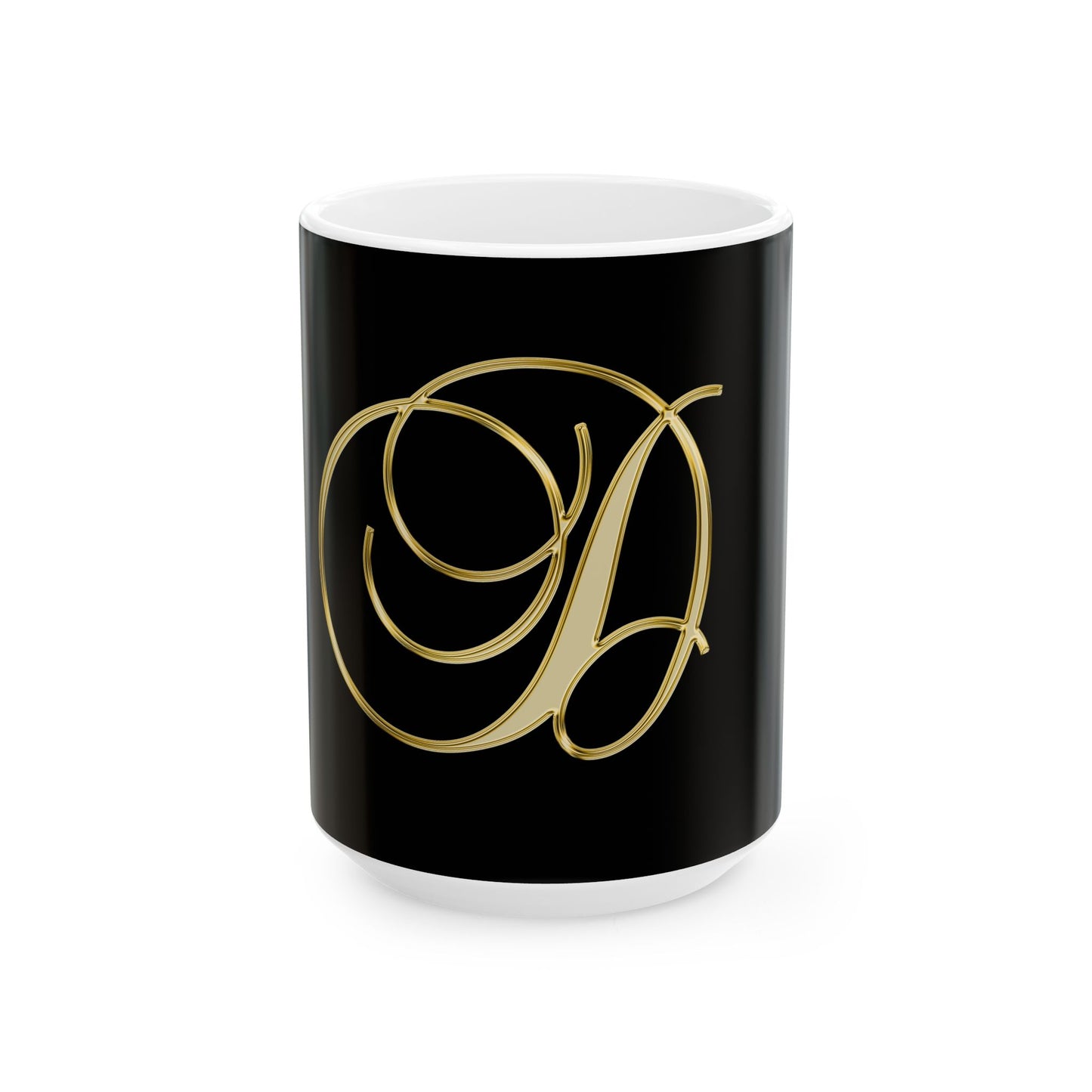 Monogram 'D' Gold Script Ceramic Mug — Elegant Initial Coffee Cup (11oz, 15oz)