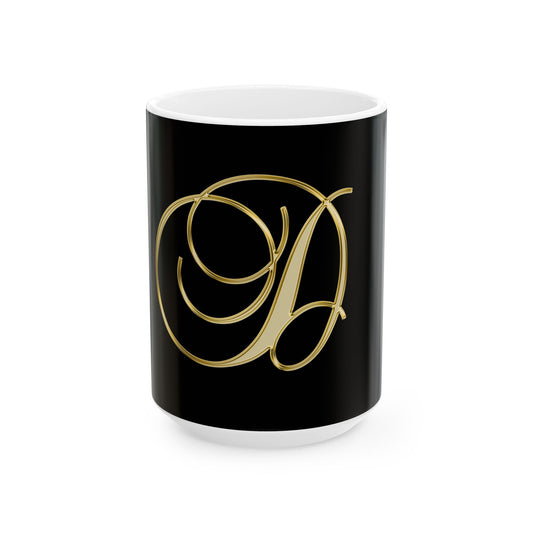 Monogram 'D' Gold Script Ceramic Mug — Elegant Initial Coffee Cup (11oz, 15oz)