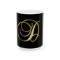 Monogram 'D' Gold Script Ceramic Mug — Elegant Initial Coffee Cup (11oz, 15oz)