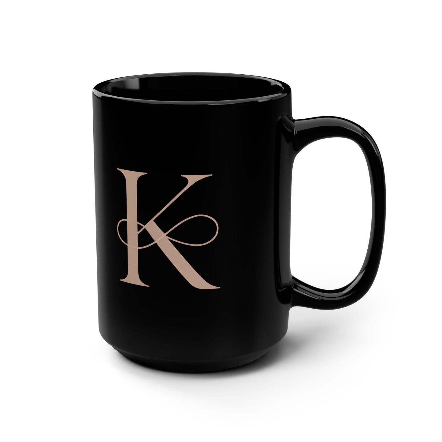 Monogram K Black Ceramic Mug – Elegant Rose Gold Initial Coffee Cup, 15oz