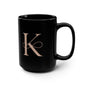 Monogram K Black Ceramic Mug – Elegant Rose Gold Initial Coffee Cup, 15oz
