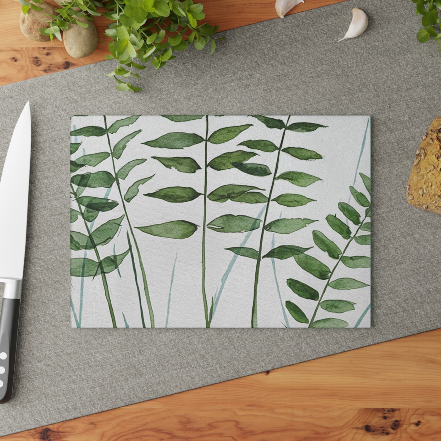 Glass Cutting Board - Green Watercolor Ferns Kitchen Prep Board