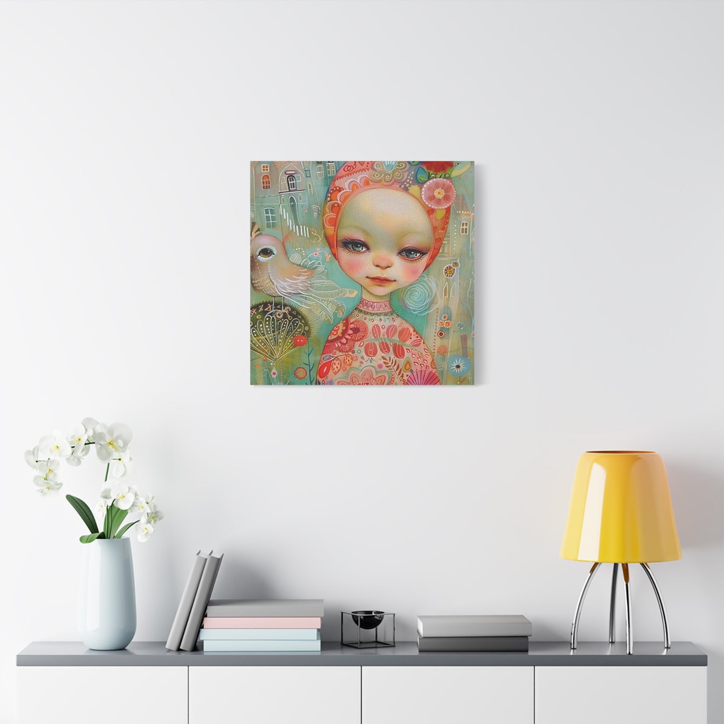 Whimsical Girl & Bird Matte Canvas Wall Art — Stretched Decorative Painting